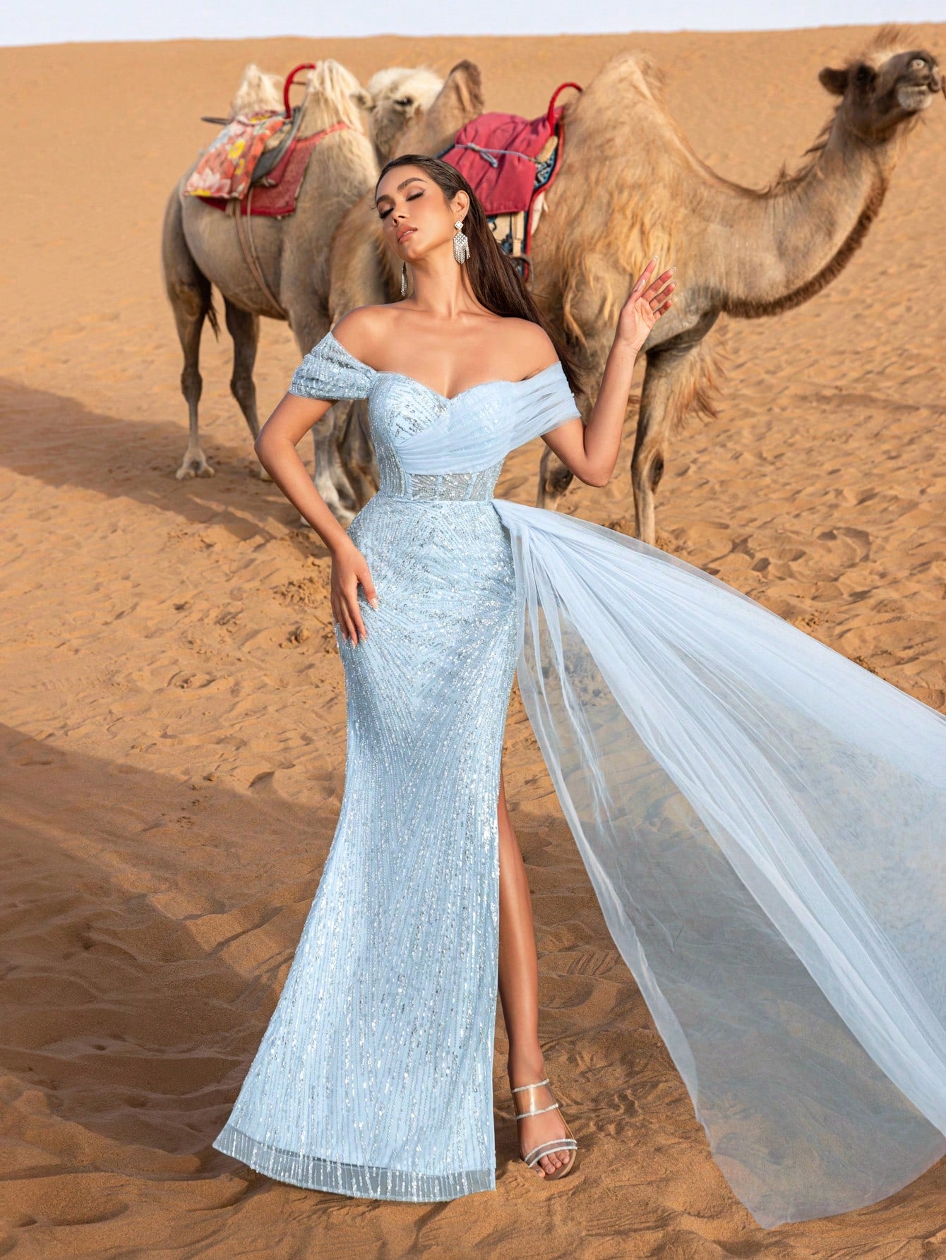 Luxury Gorgeous  Off Shoulder Mermaid Hem Splice Mesh Floral Beaded Sequin Formal Party Dress