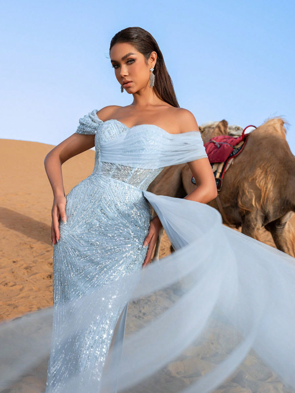 Luxury Gorgeous  Off Shoulder Mermaid Hem Splice Mesh Floral Beaded Sequin Formal Party Dress
