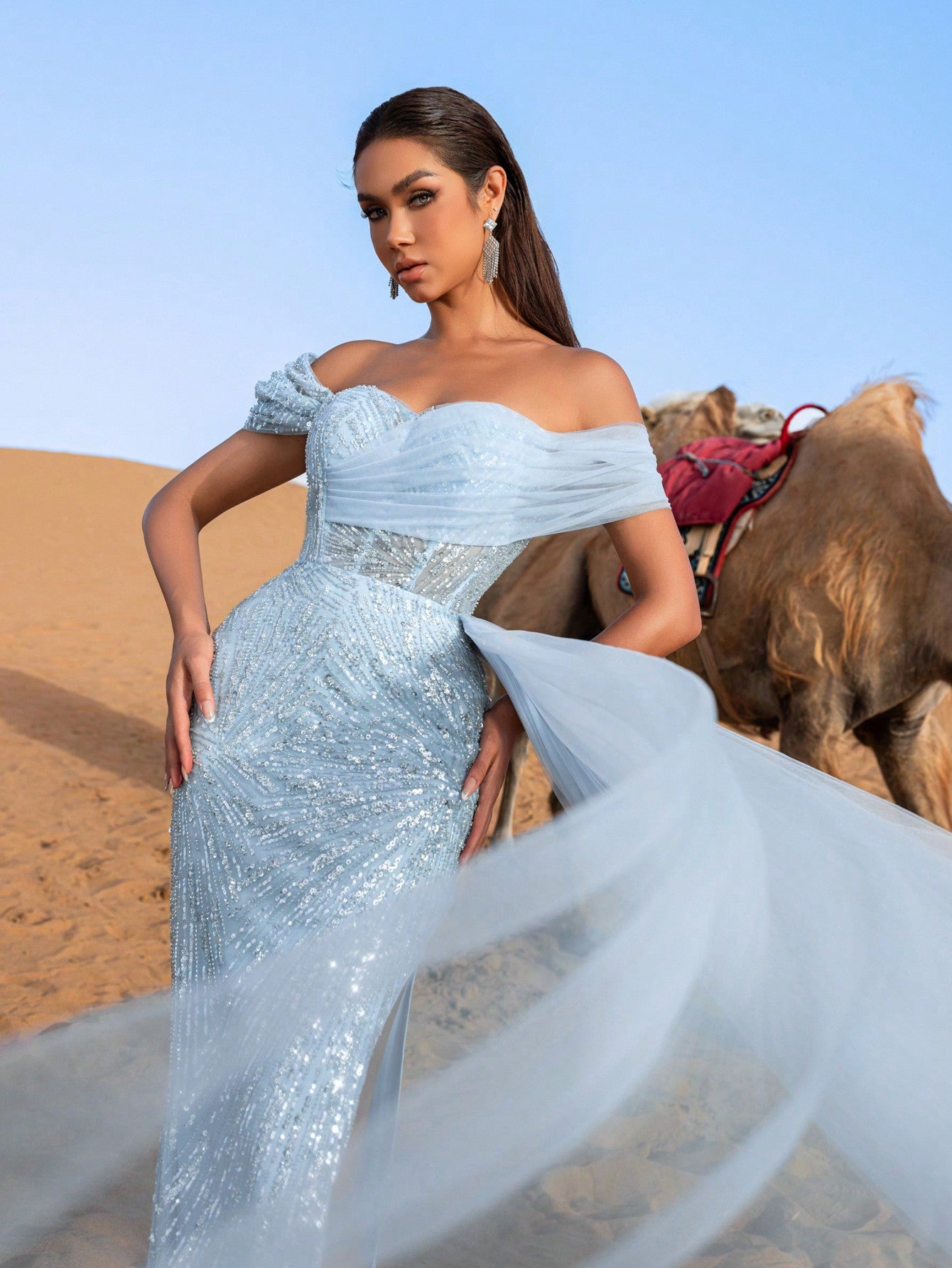 Luxury Gorgeous  Off Shoulder Mermaid Hem Splice Mesh Floral Beaded Sequin Formal Party Dress