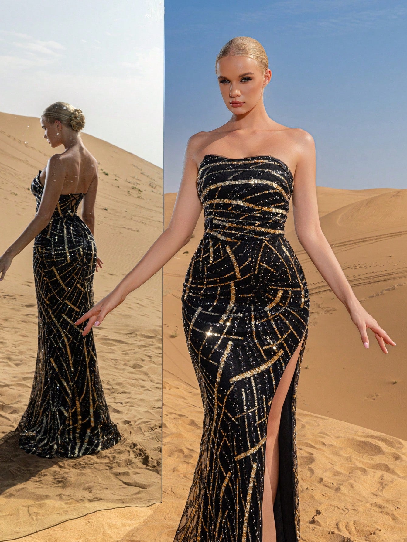Elegant Strapless Split Thigh Graphic Sequin Formal Party Dress
