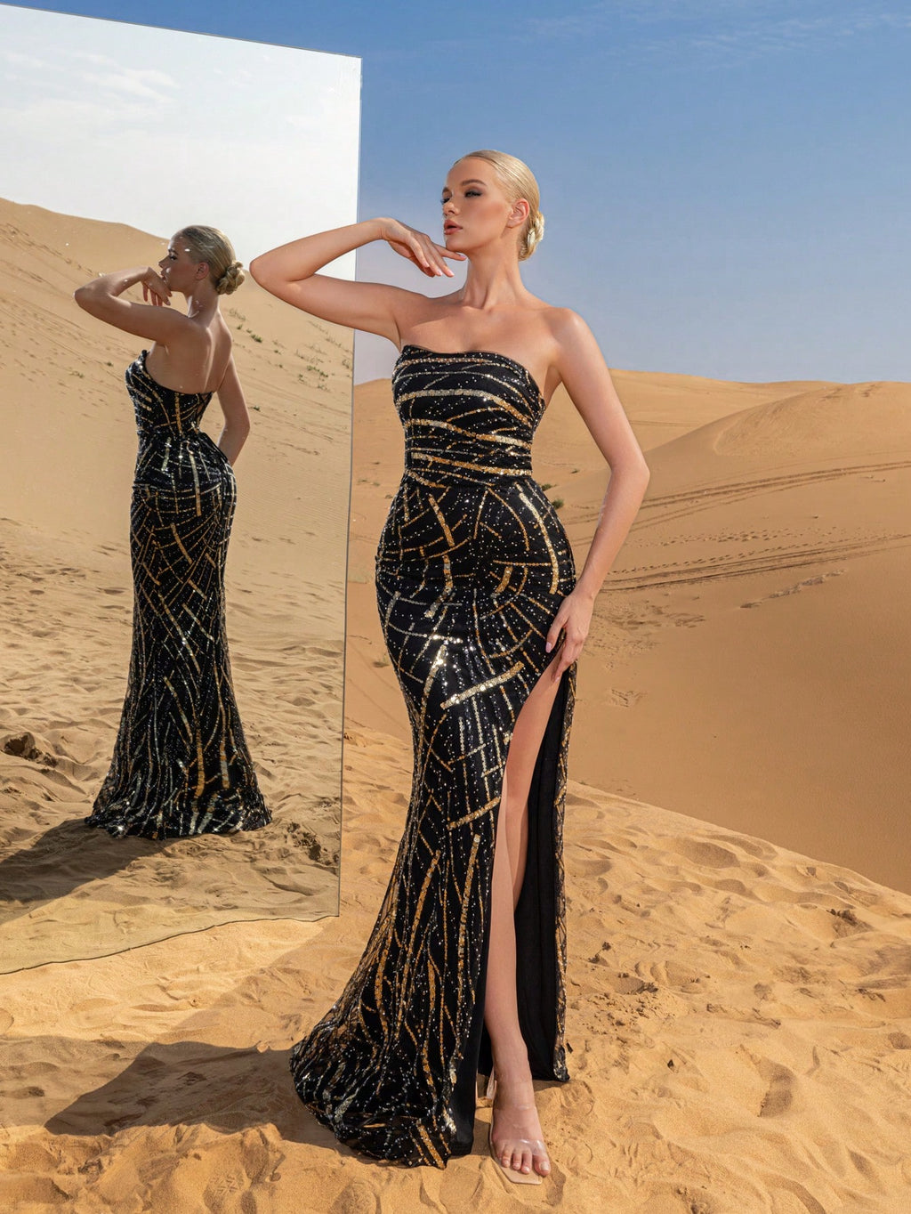 Elegant Strapless Split Thigh Graphic Sequin Formal Party Dress