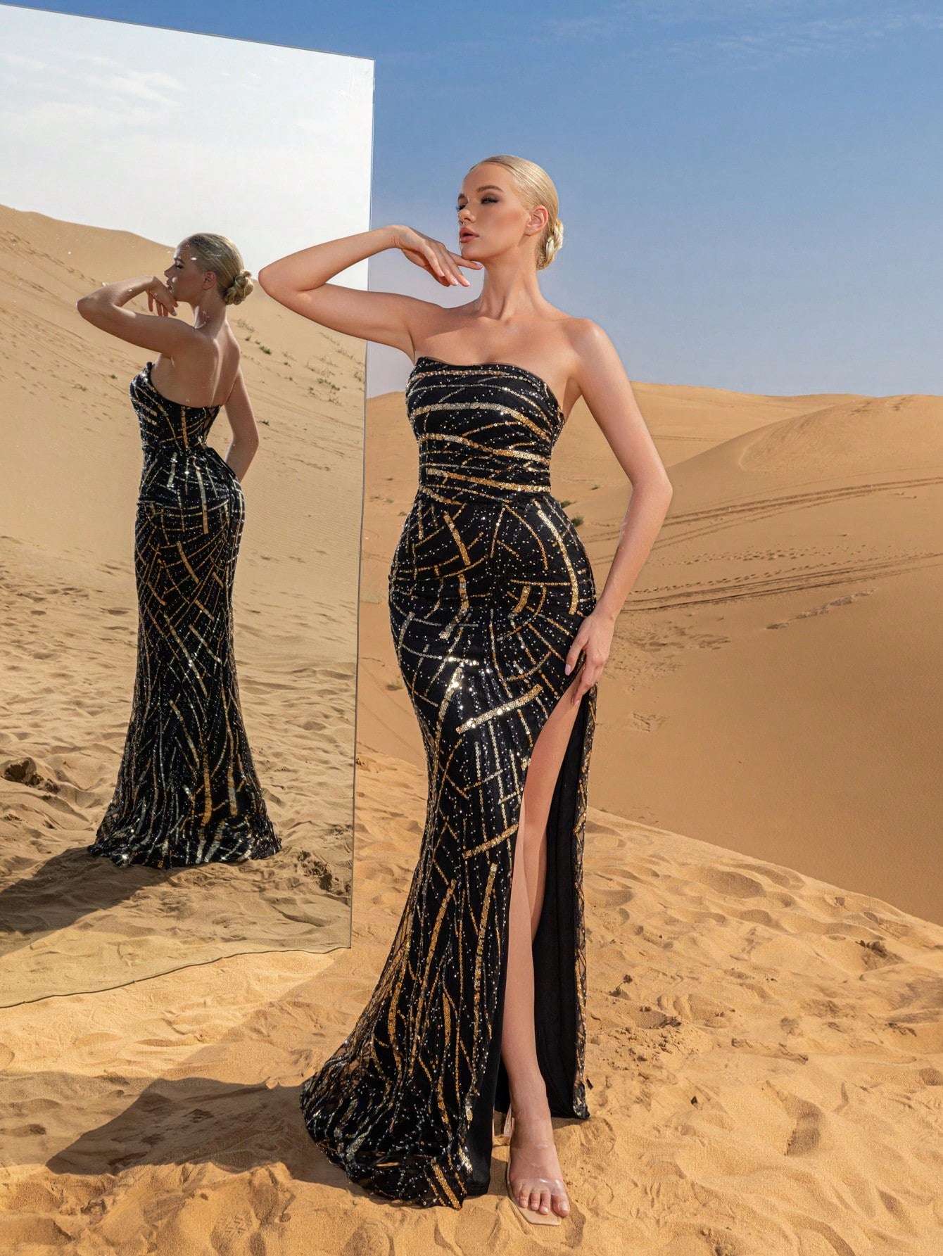 Elegant Strapless Split Thigh Graphic Sequin Formal Party Dress