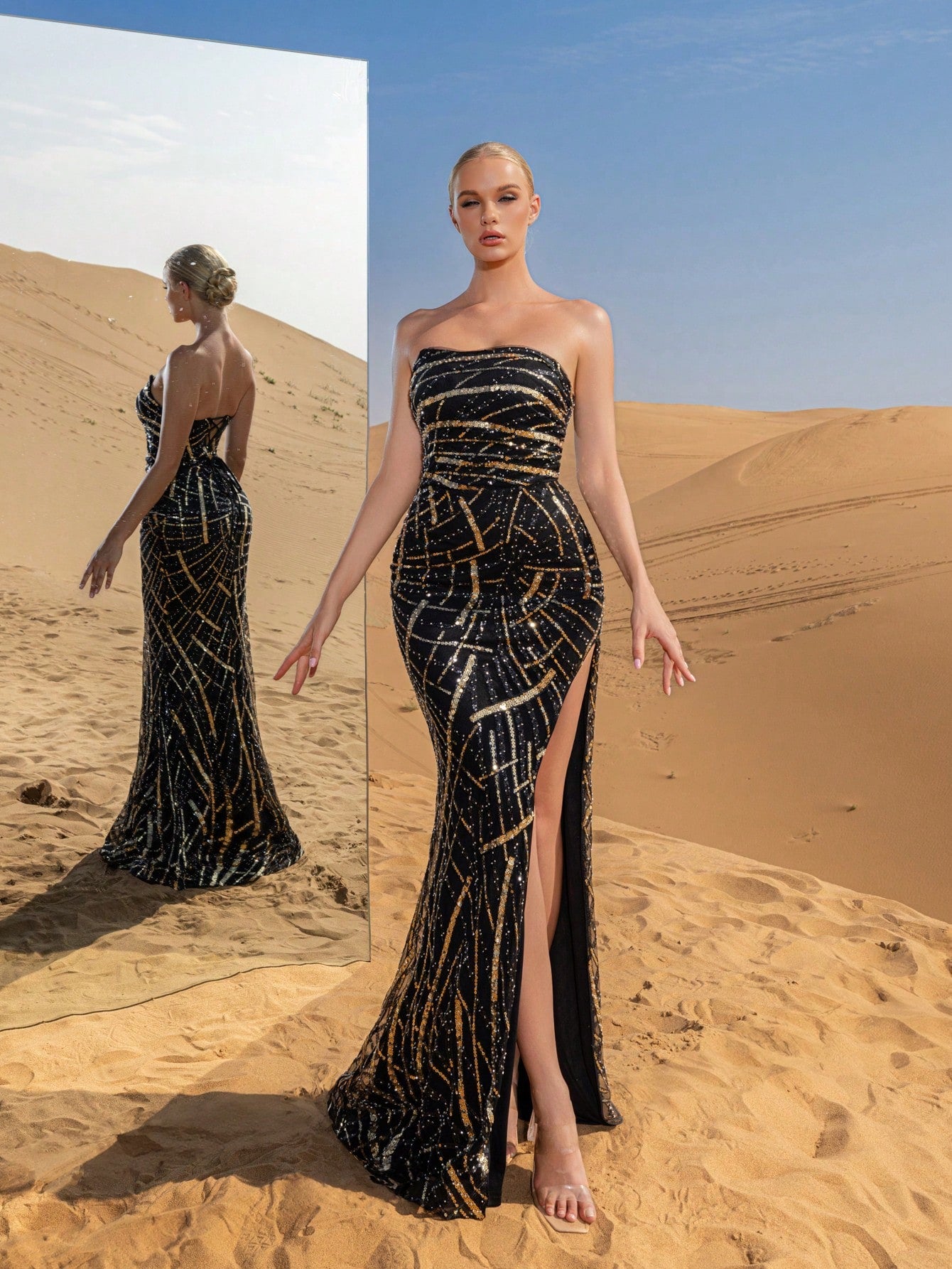 Elegant Strapless Split Thigh Graphic Sequin Formal Party Dress