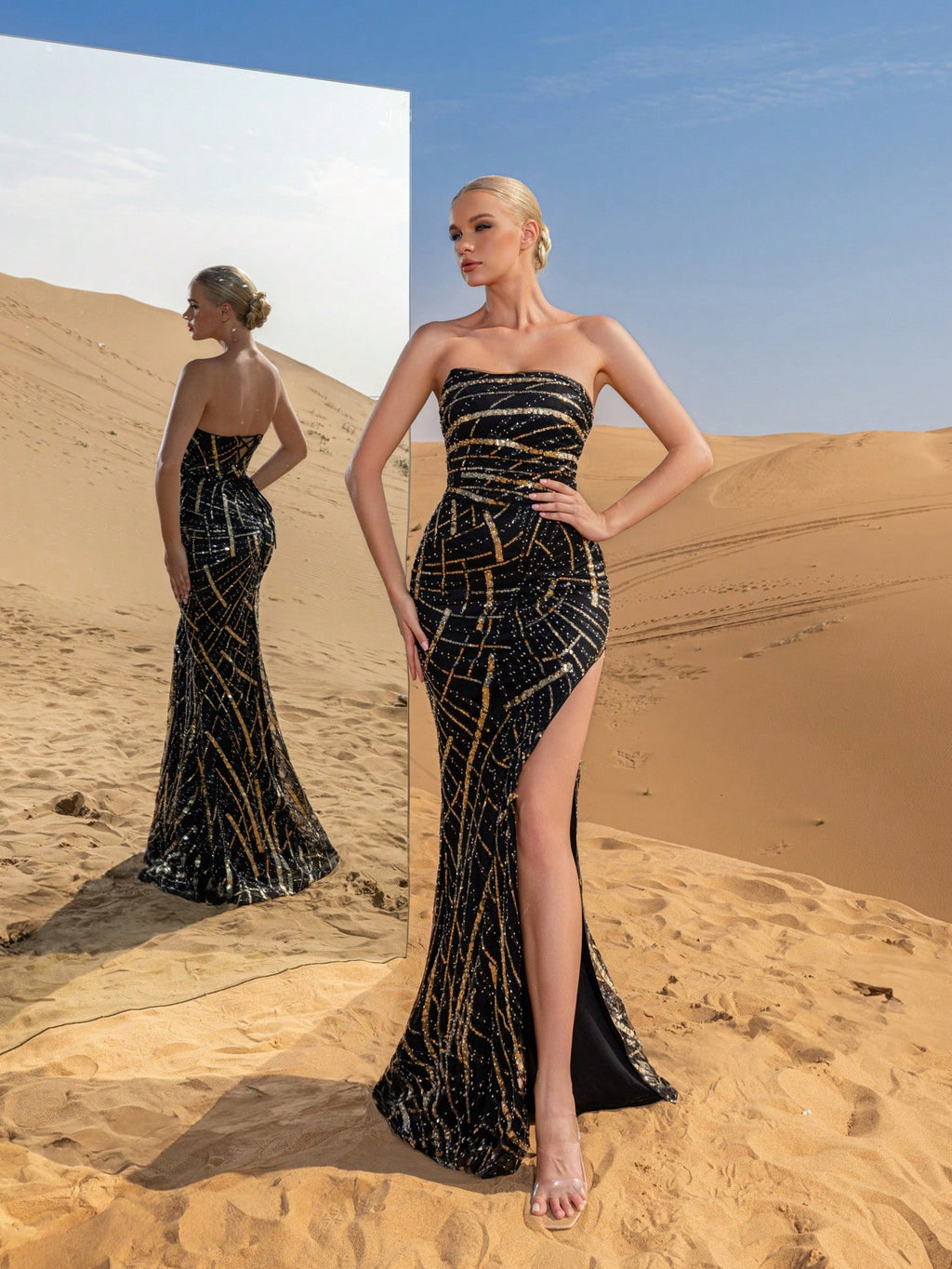 Elegant Strapless Split Thigh Graphic Sequin Formal Party Dress