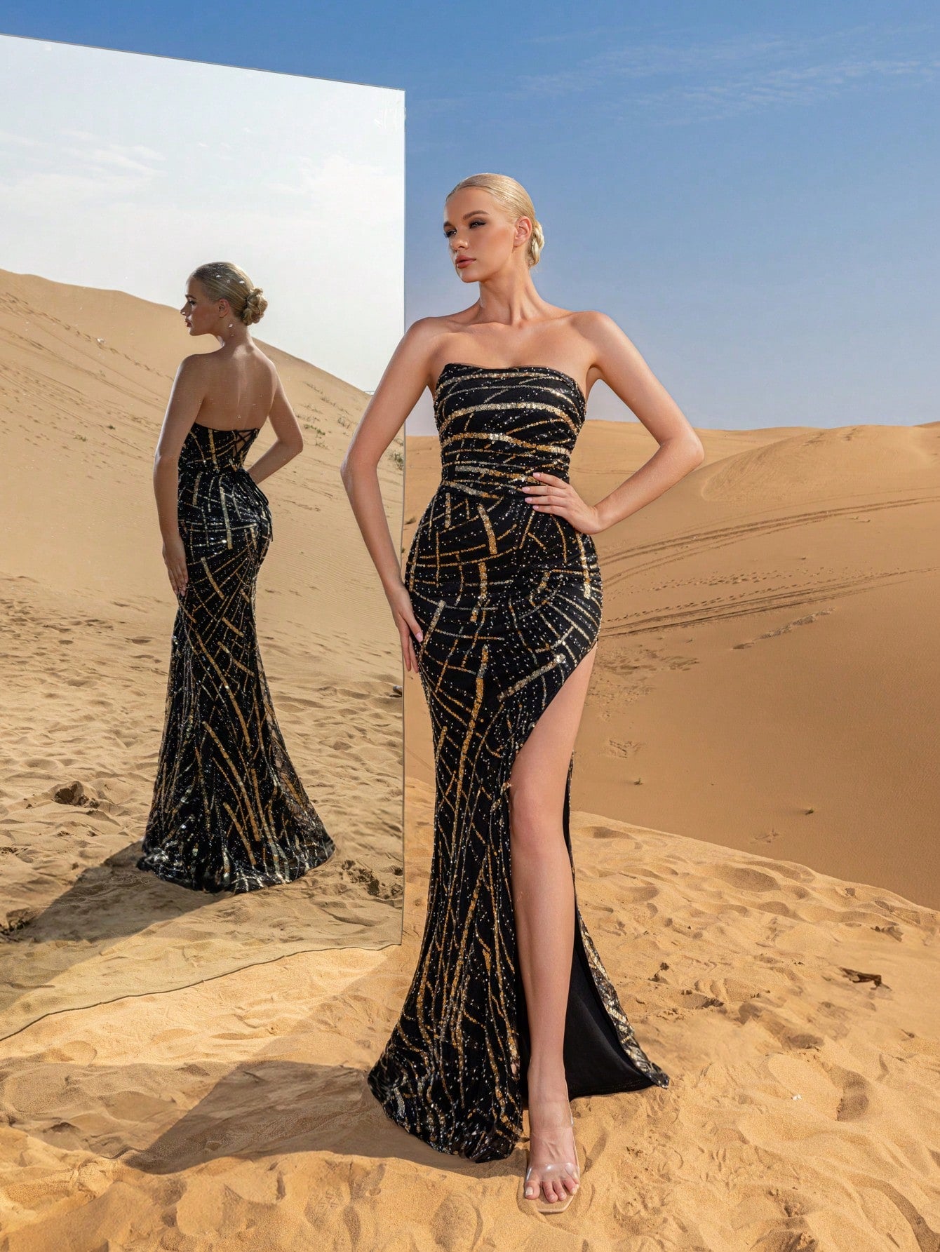 Elegant Strapless Split Thigh Graphic Sequin Formal Party Dress