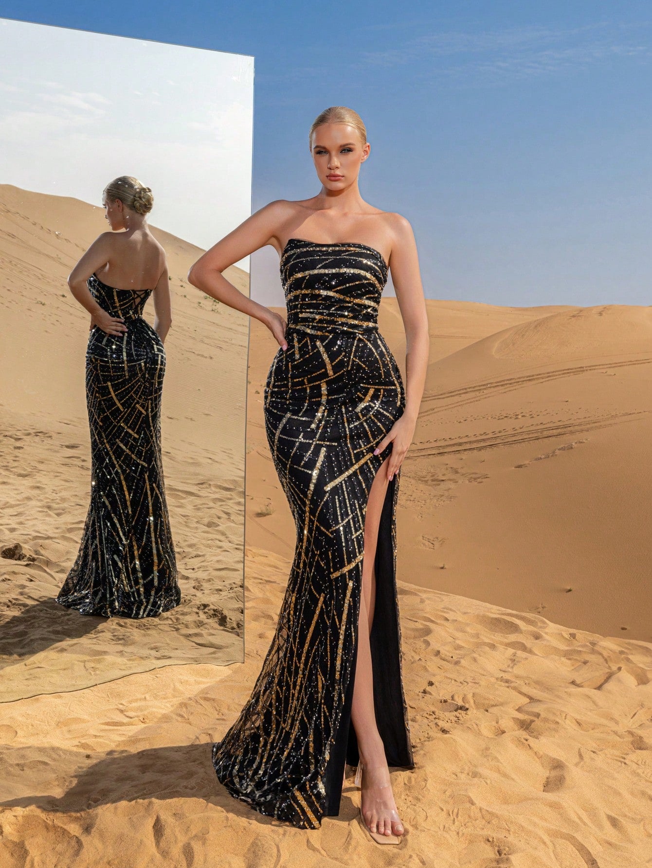 Elegant Strapless Split Thigh Graphic Sequin Formal Party Dress