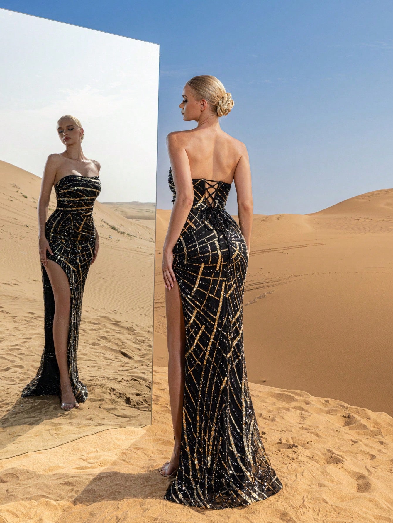Elegant Strapless Split Thigh Graphic Sequin Formal Party Dress