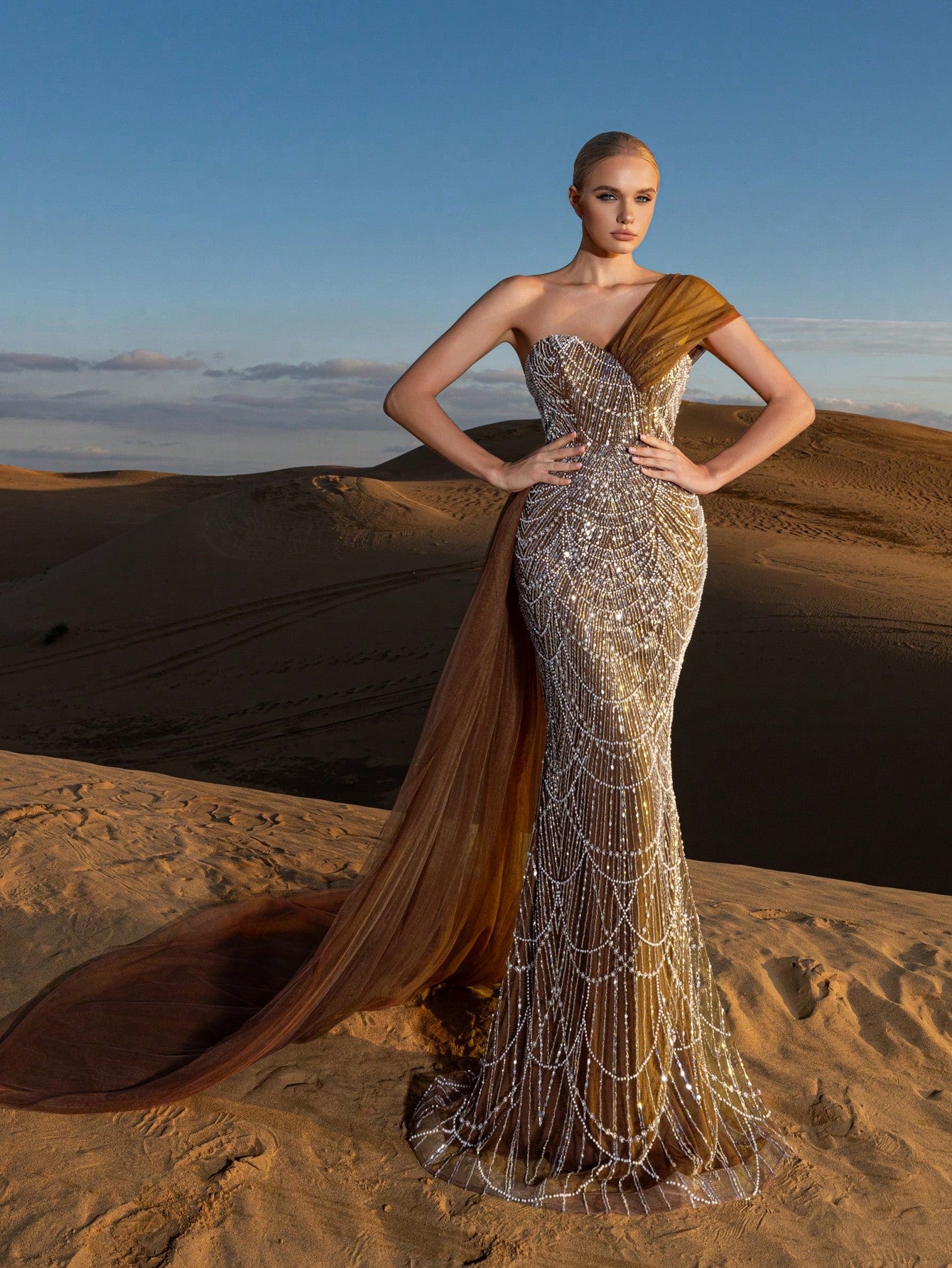 Luxury One-Shoulder Tulle Overlay Beaded Gowns Formal Dresses & Evening Gowns