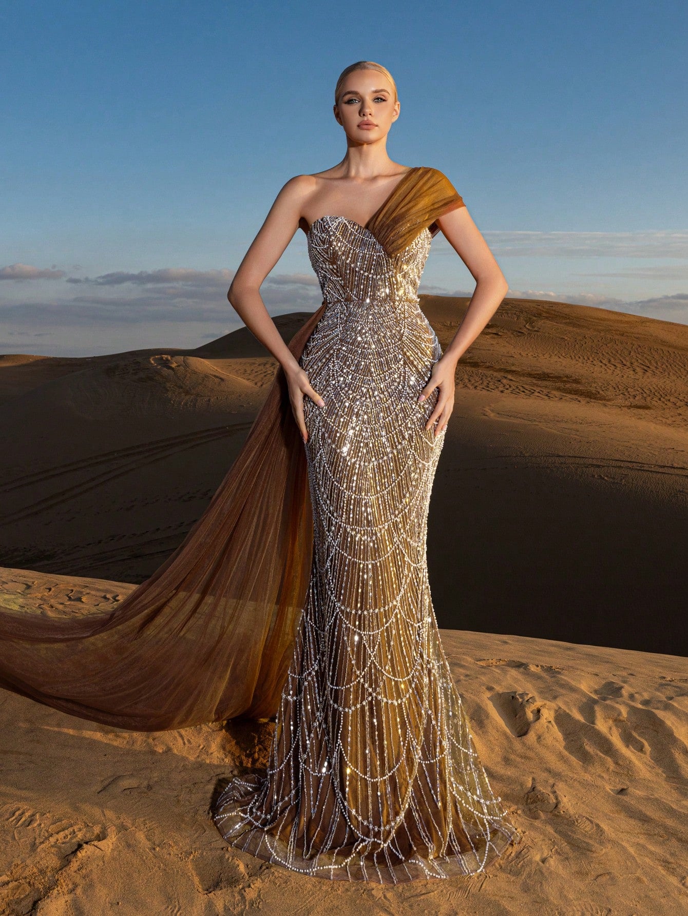 Luxury One-Shoulder Tulle Overlay Beaded Gowns Formal Dresses & Evening Gowns