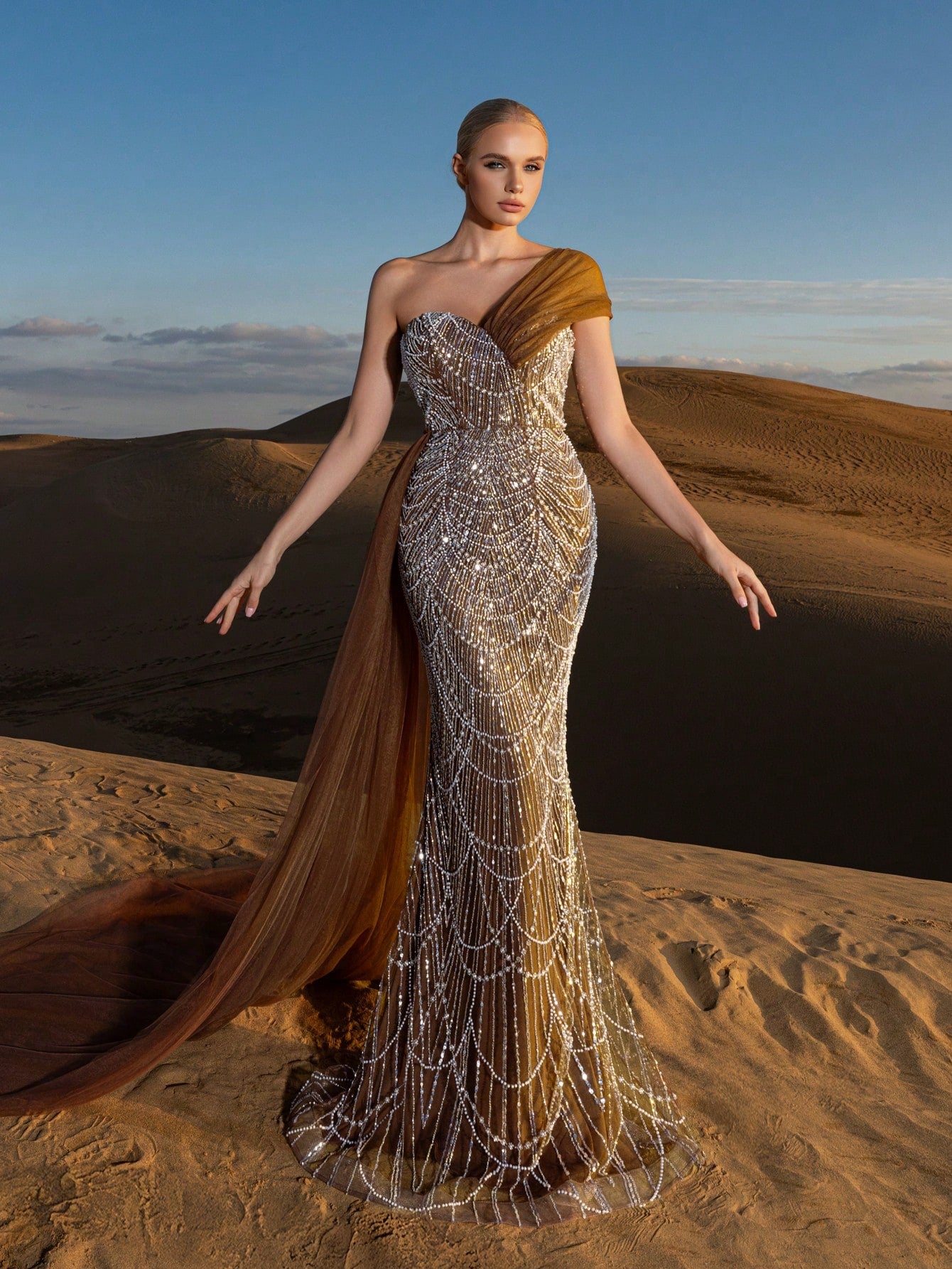 Luxury One-Shoulder Tulle Overlay Beaded Gowns Formal Dresses & Evening Gowns