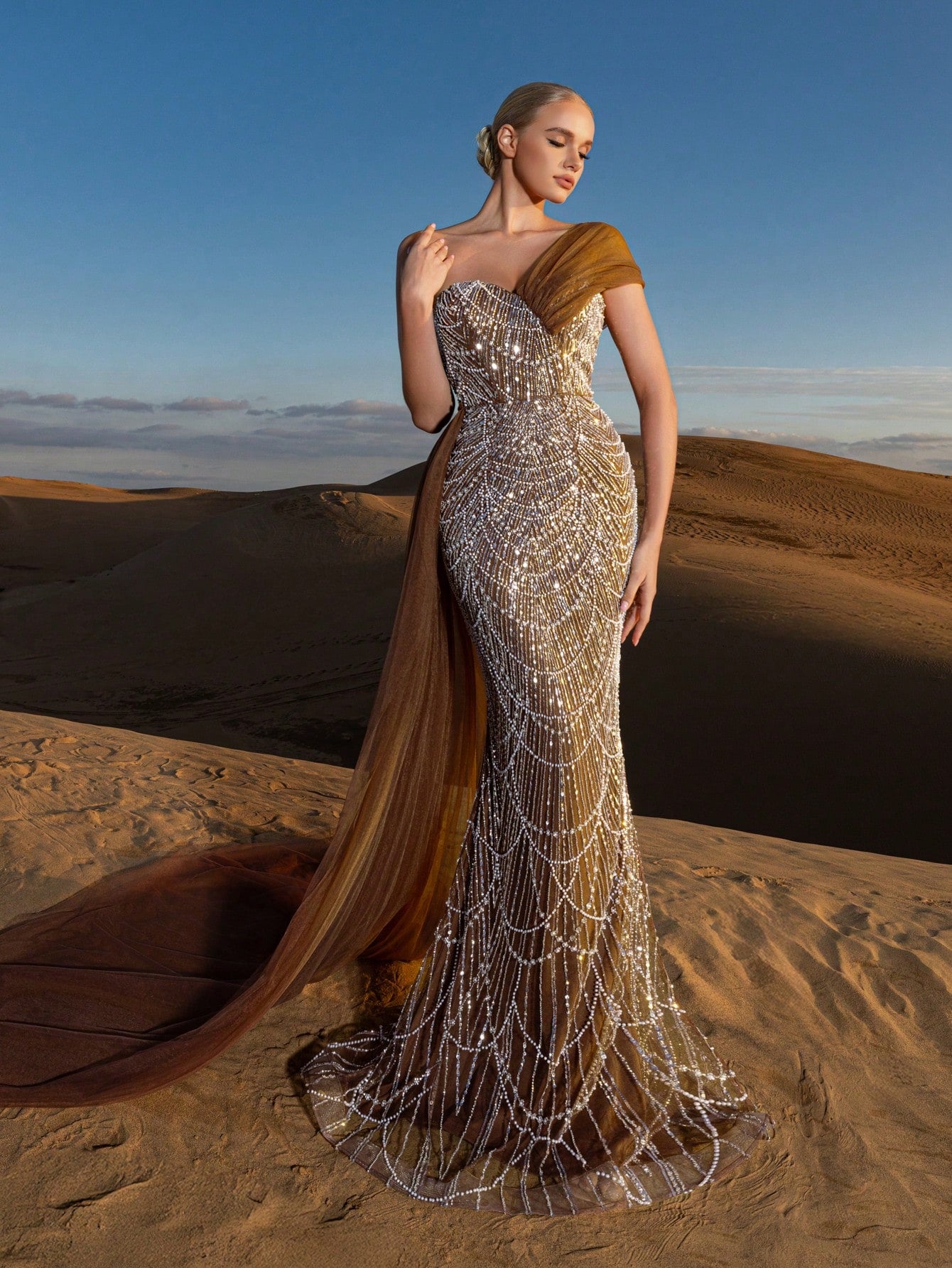 Luxury One-Shoulder Tulle Overlay Beaded Gowns Formal Dresses & Evening Gowns
