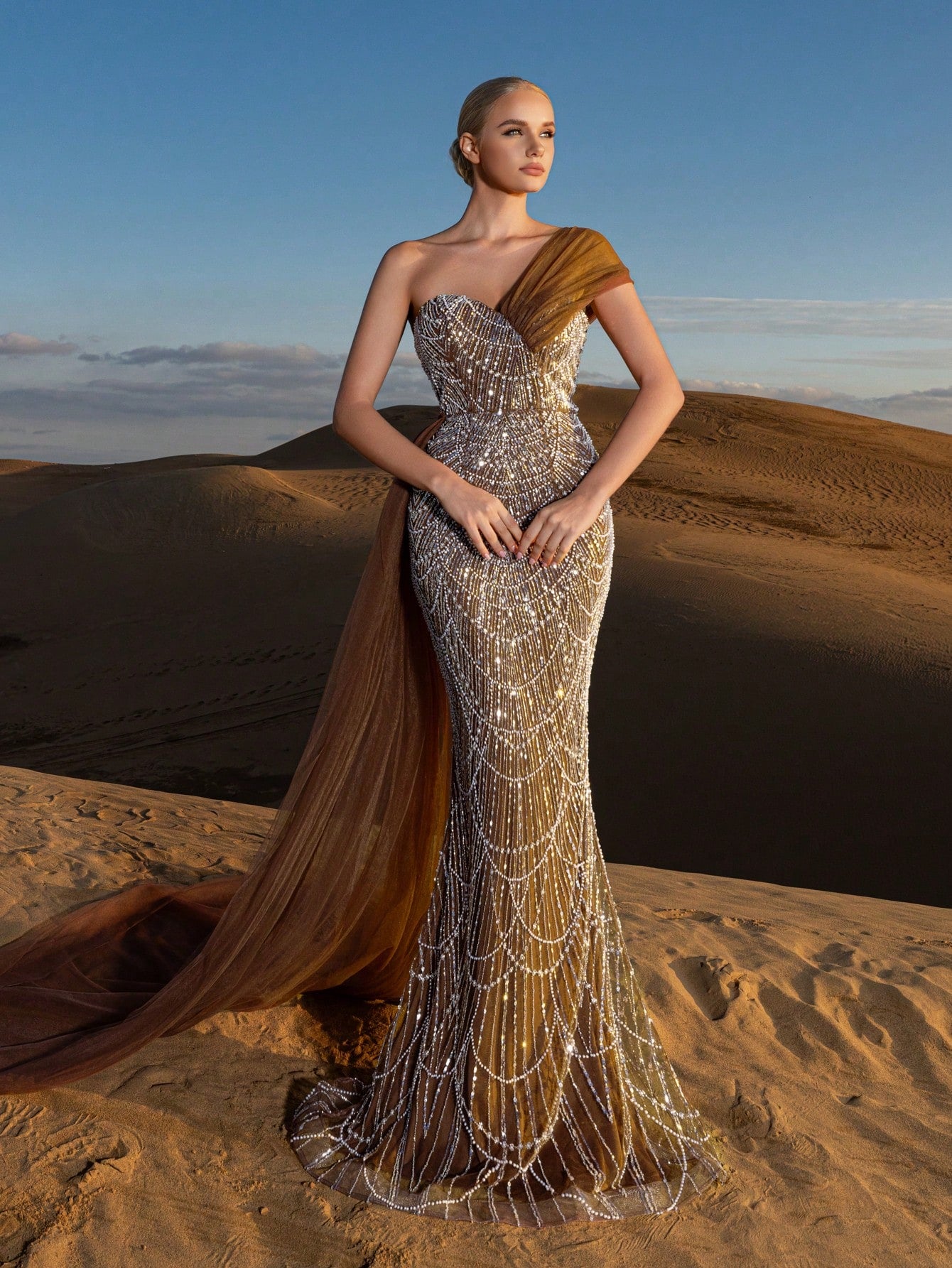 Luxury One-Shoulder Tulle Overlay Beaded Gowns Formal Dresses & Evening Gowns