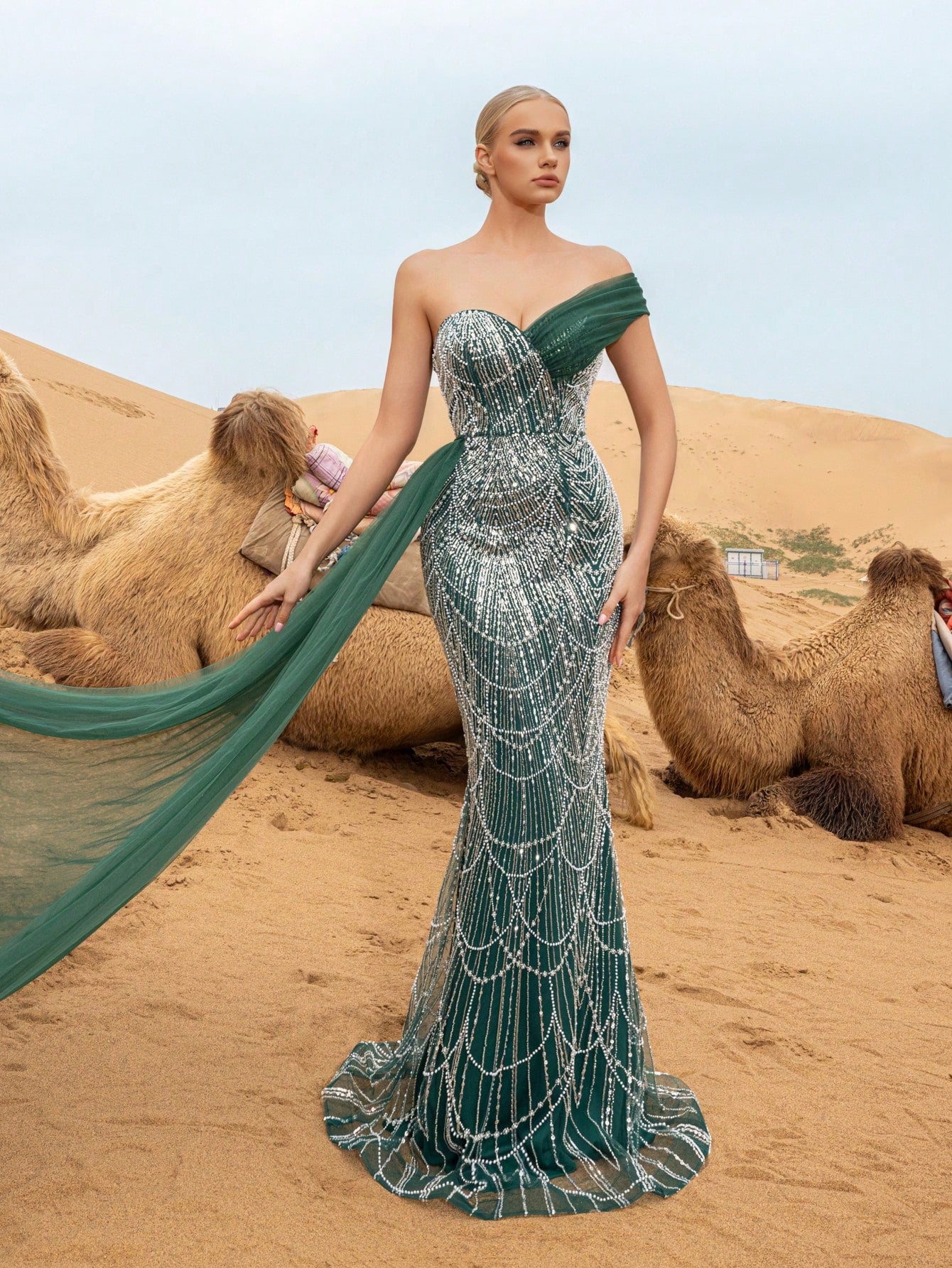 Asymmetrical One Shoulder Draped Side Sequin Prom Beaded Formal Dresses & Evening Gowns Dress & Embellished Dress