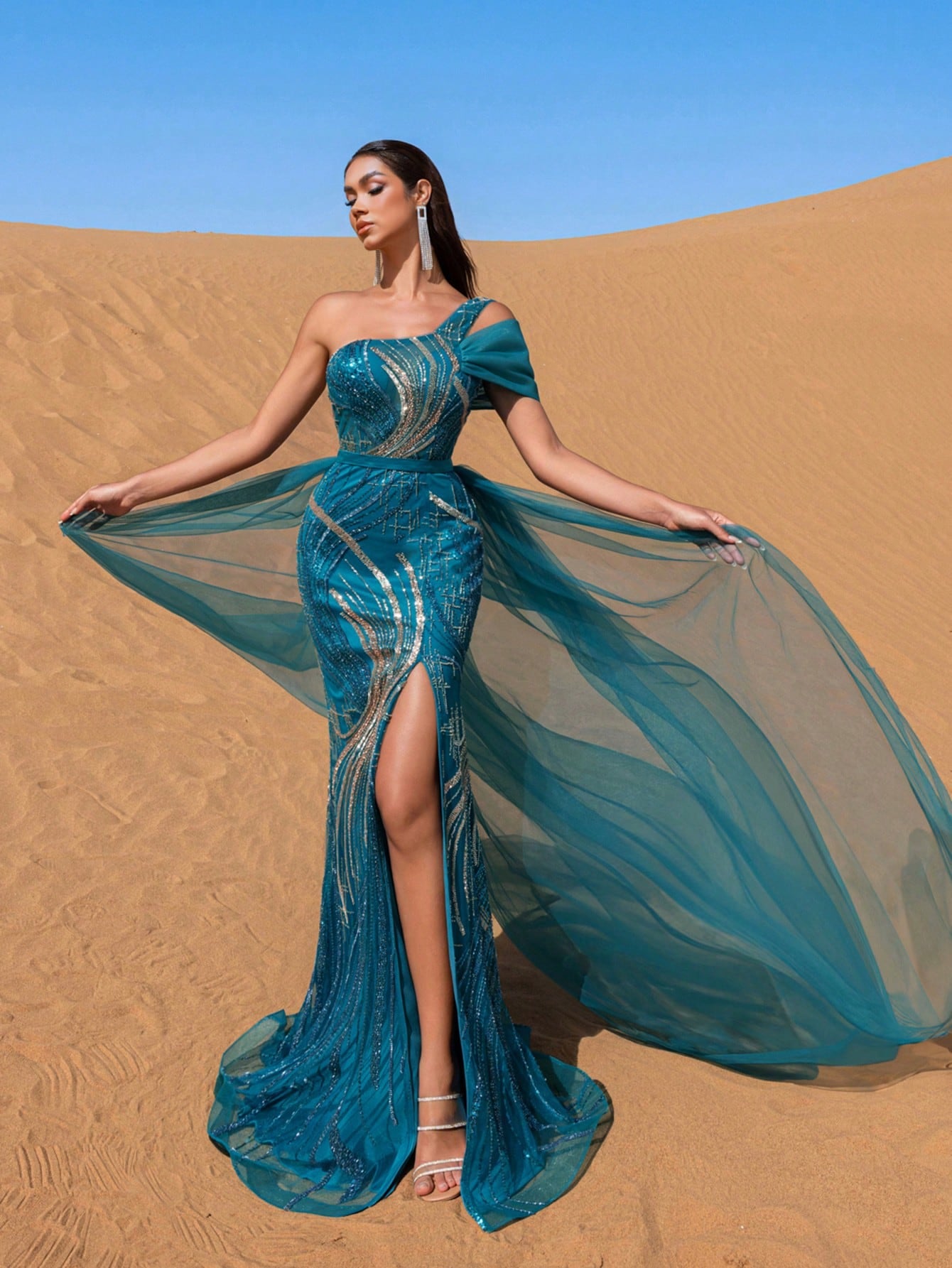 Gorgeous One Shoulder Sheer Overlay Split Beaded Formal Dresses & Evening Gowns