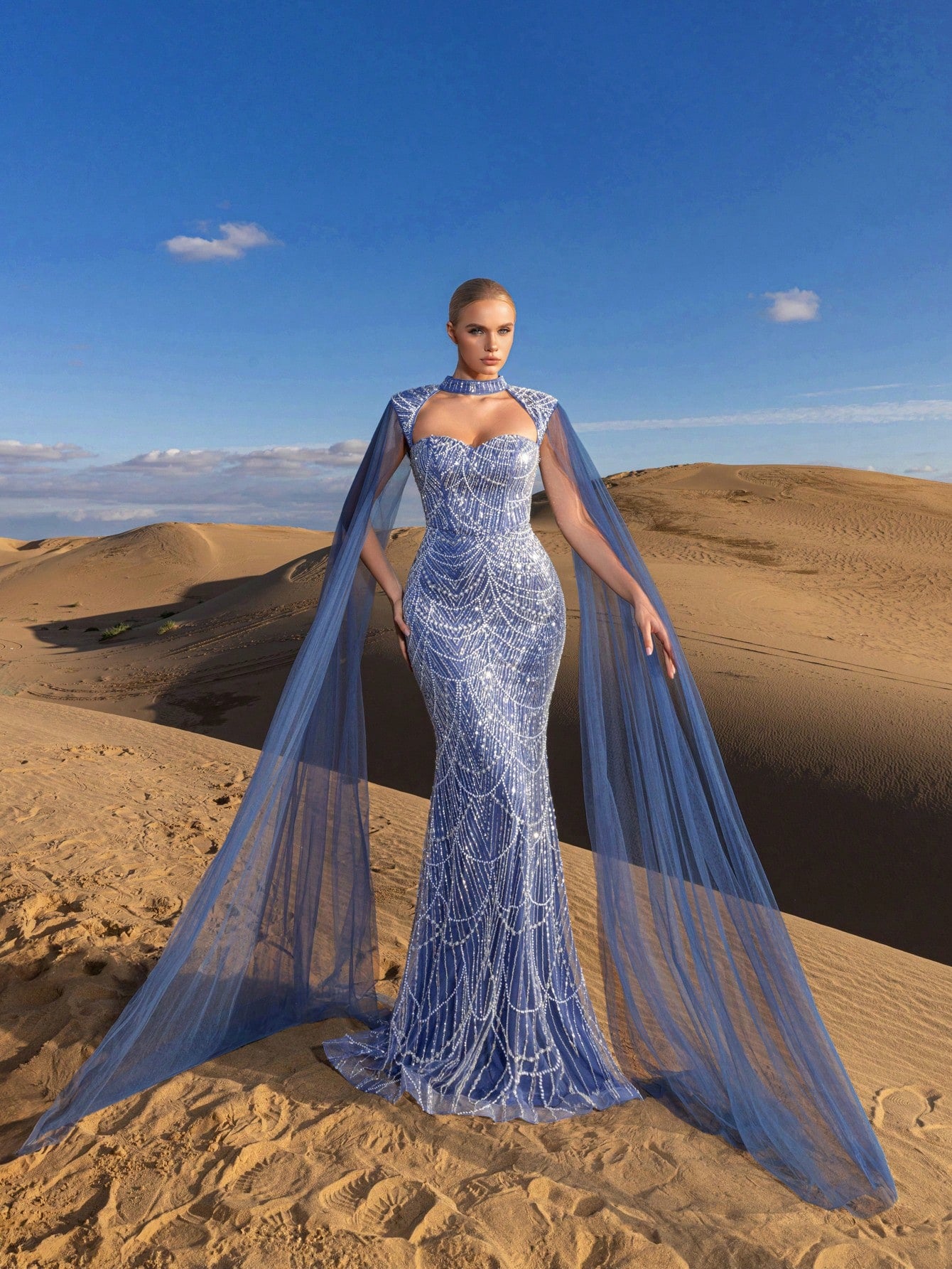 Choker Neck Backless Extra-Long Sleeves Beaded Formal Dresses & Evening Gowns Dress & Embellished Dress