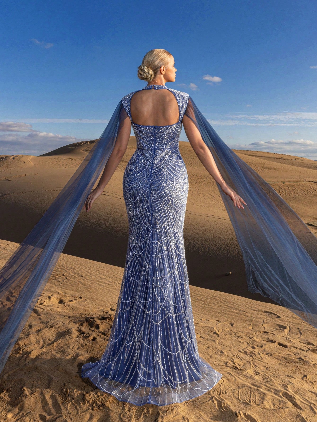 Choker Neck Backless Extra-Long Sleeves Beaded Formal Dresses & Evening Gowns Dress & Embellished Dress