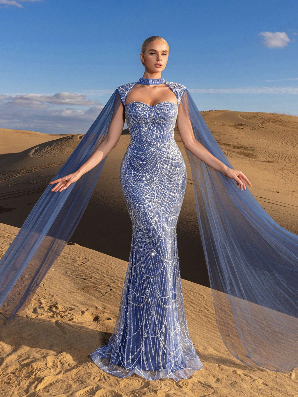Choker Neck Backless Extra-Long Sleeves Beaded Formal Dresses & Evening Gowns Dress & Embellished Dress