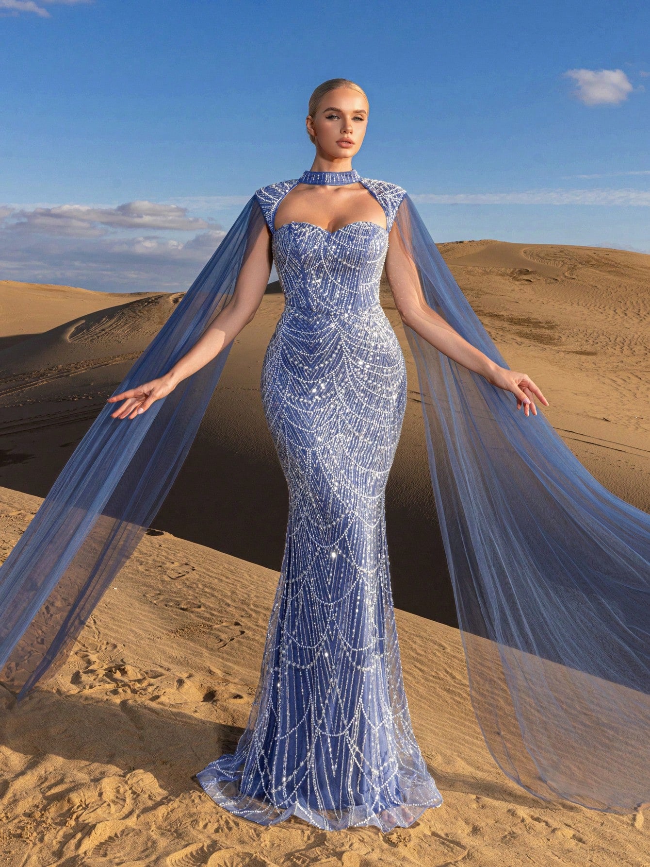 Choker Neck Backless Extra-Long Sleeves Beaded Formal Dresses & Evening Gowns Dress & Embellished Dress