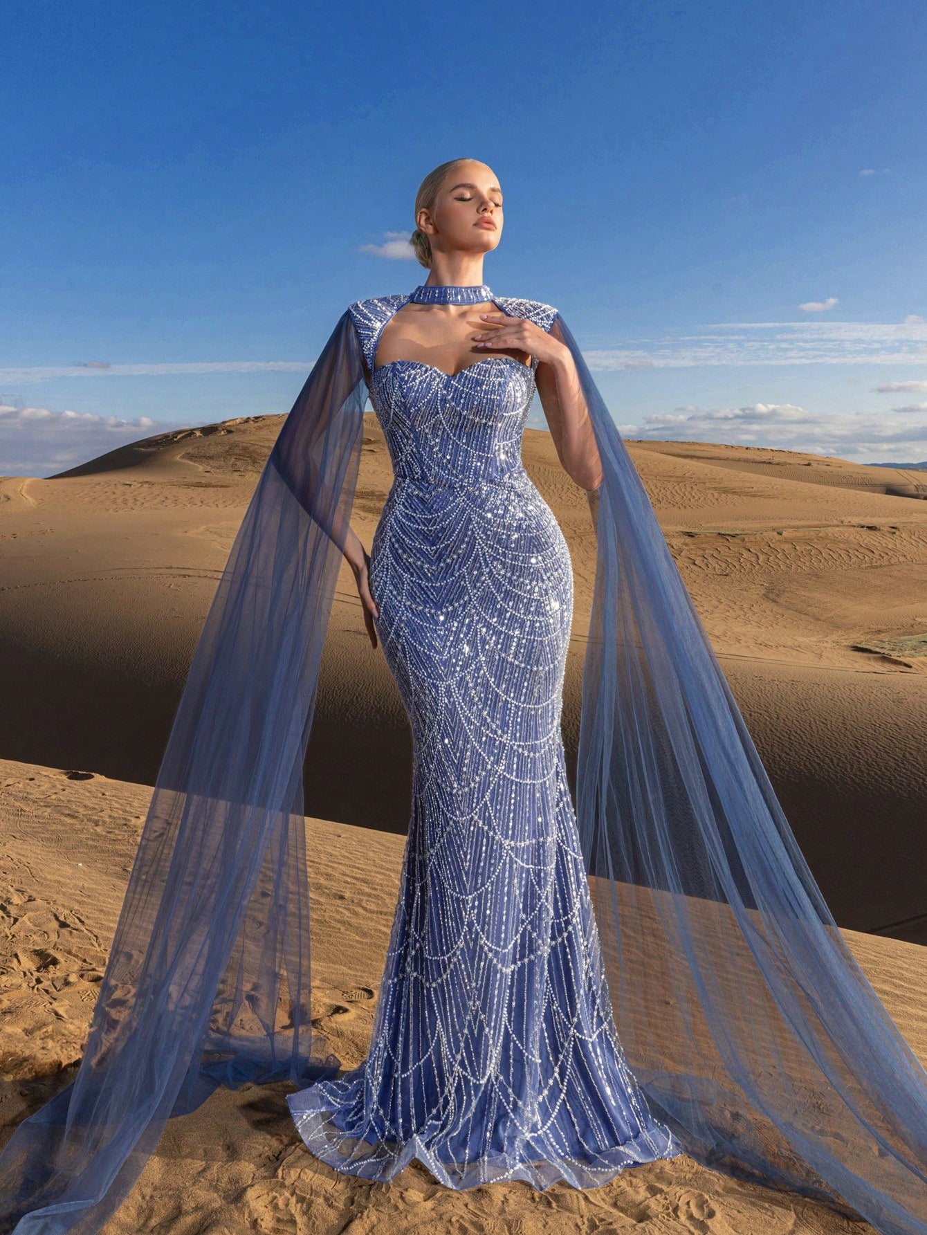 Choker Neck Backless Extra-Long Sleeves Beaded Formal Dresses & Evening Gowns Dress & Embellished Dress