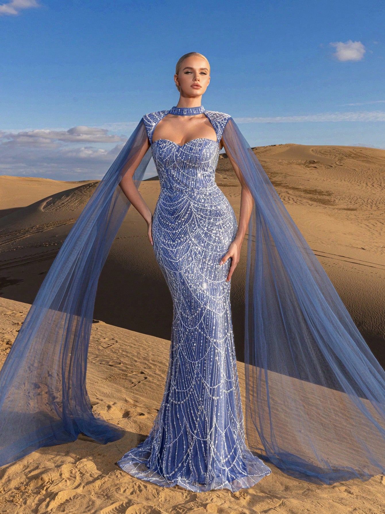 Choker Neck Backless Extra-Long Sleeves Beaded Formal Dresses & Evening Gowns Dress & Embellished Dress