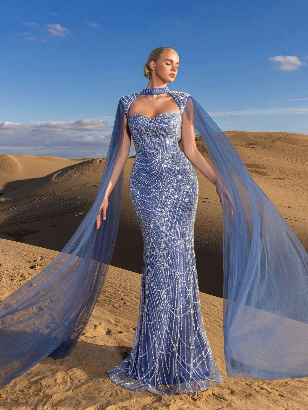 Choker Neck Backless Extra-Long Sleeves Beaded Formal Dresses & Evening Gowns Dress & Embellished Dress