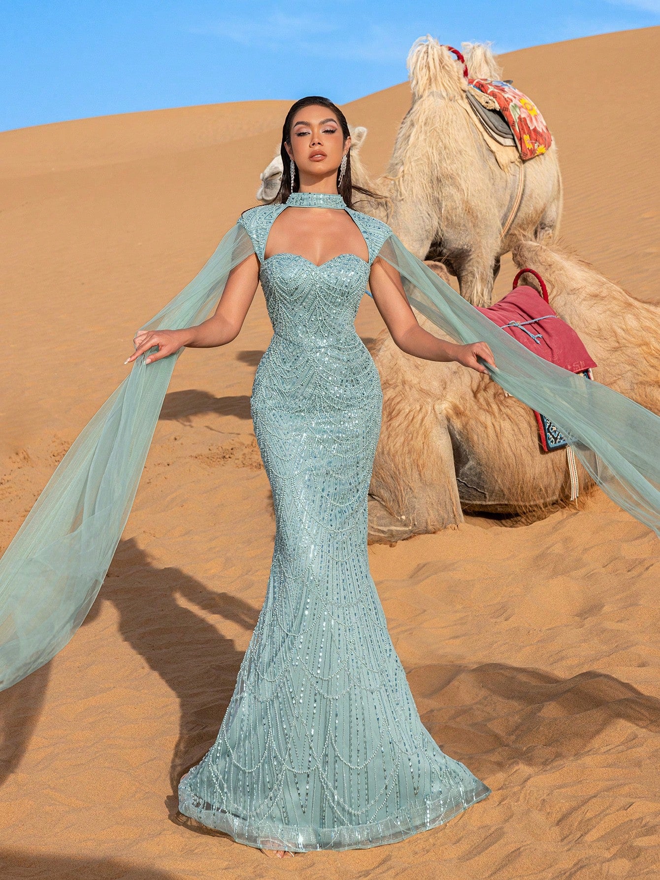 Choker Neck Backless Extra-Long Sleeves Beaded Formal Dresses & Evening Gowns Dress & Embellished Dress