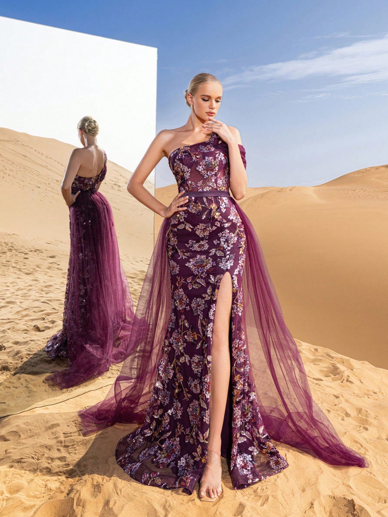 Gorgeous One Shoulder Mesh Overlay Mermaid Hem Floral Beaded Formal Dresses & Evening Gowns