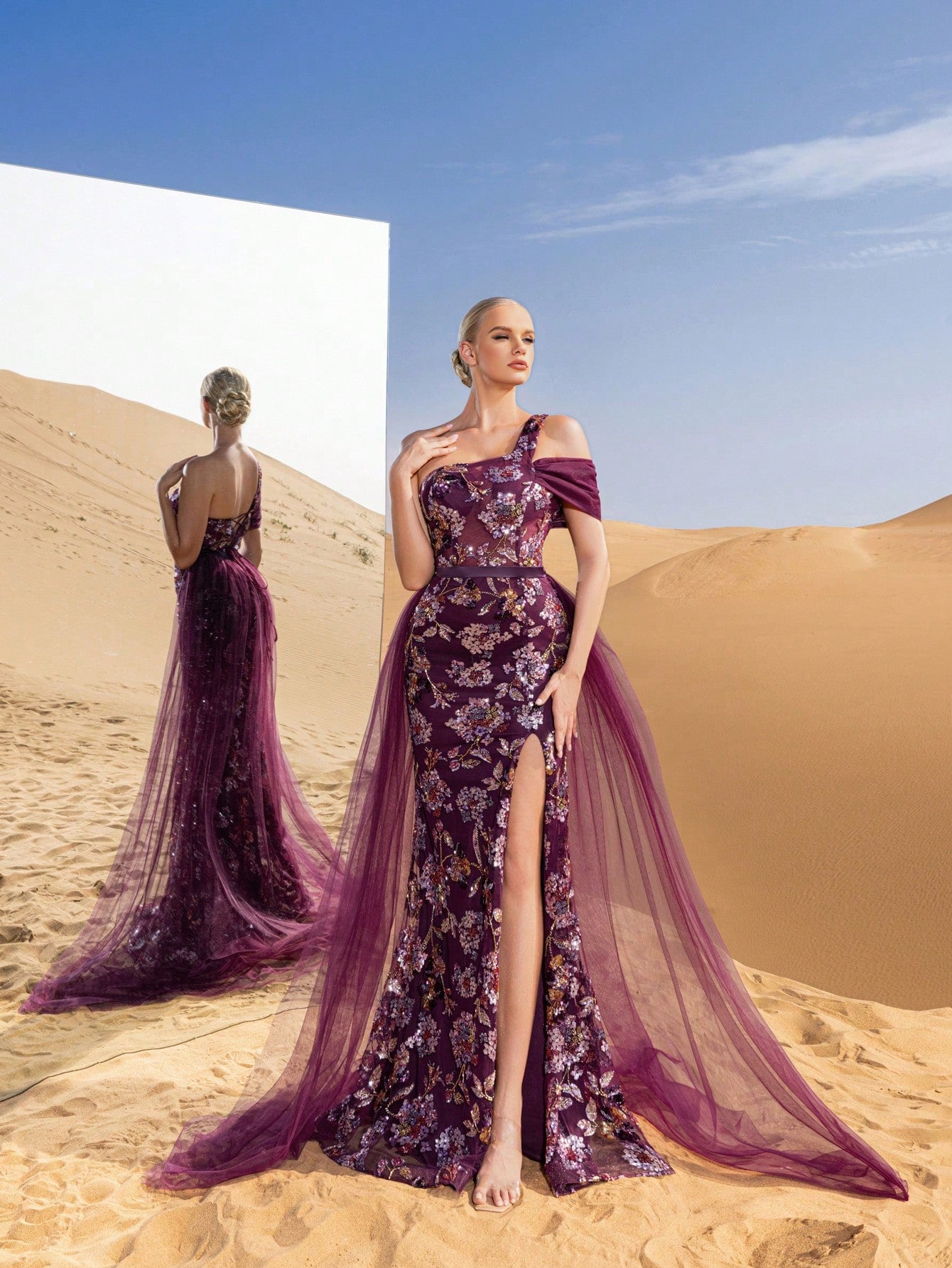 Gorgeous One Shoulder Mesh Overlay Mermaid Hem Floral Beaded Formal Dresses & Evening Gowns