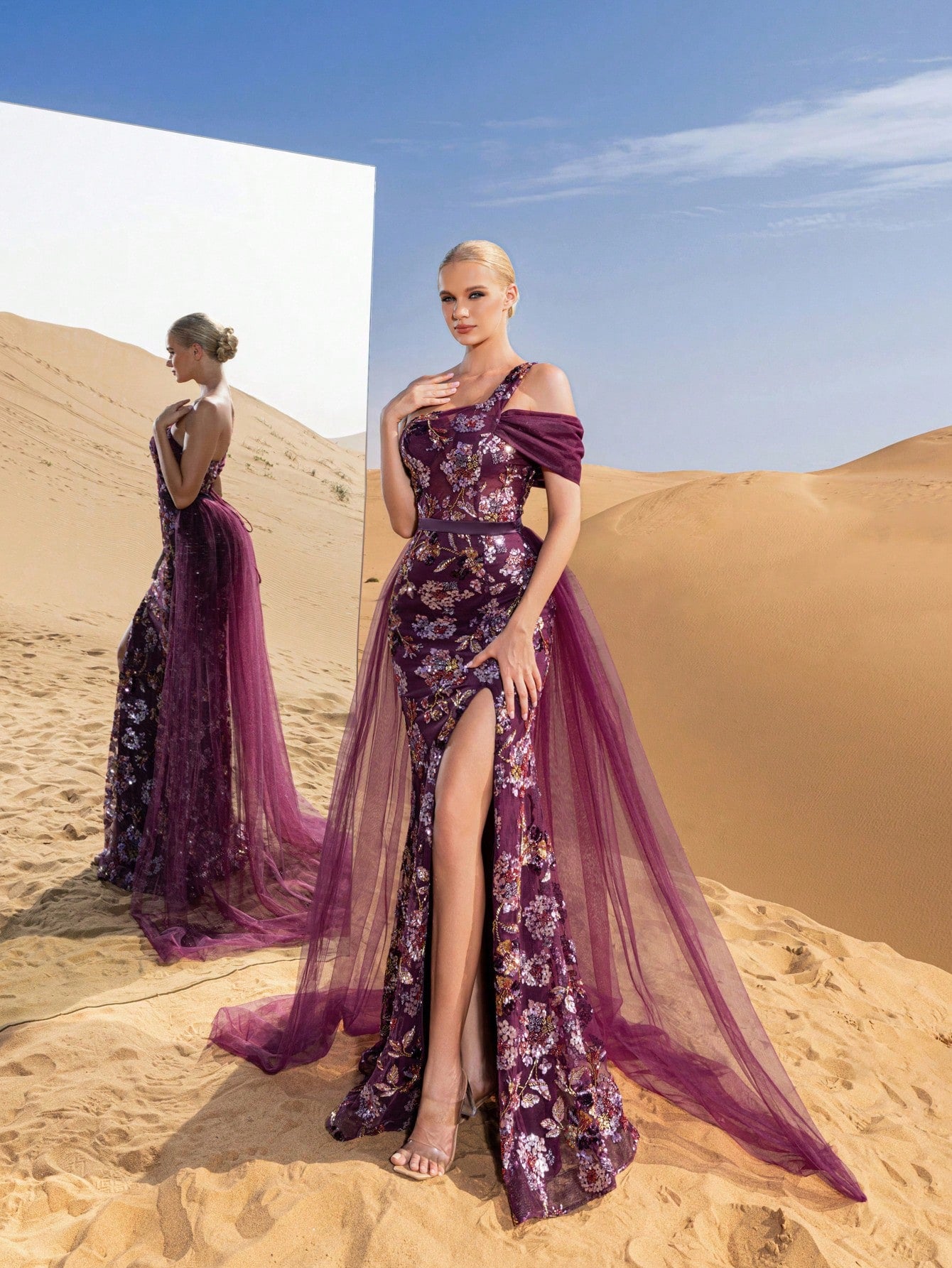 Gorgeous One Shoulder Mesh Overlay Mermaid Hem Floral Beaded Formal Dresses & Evening Gowns