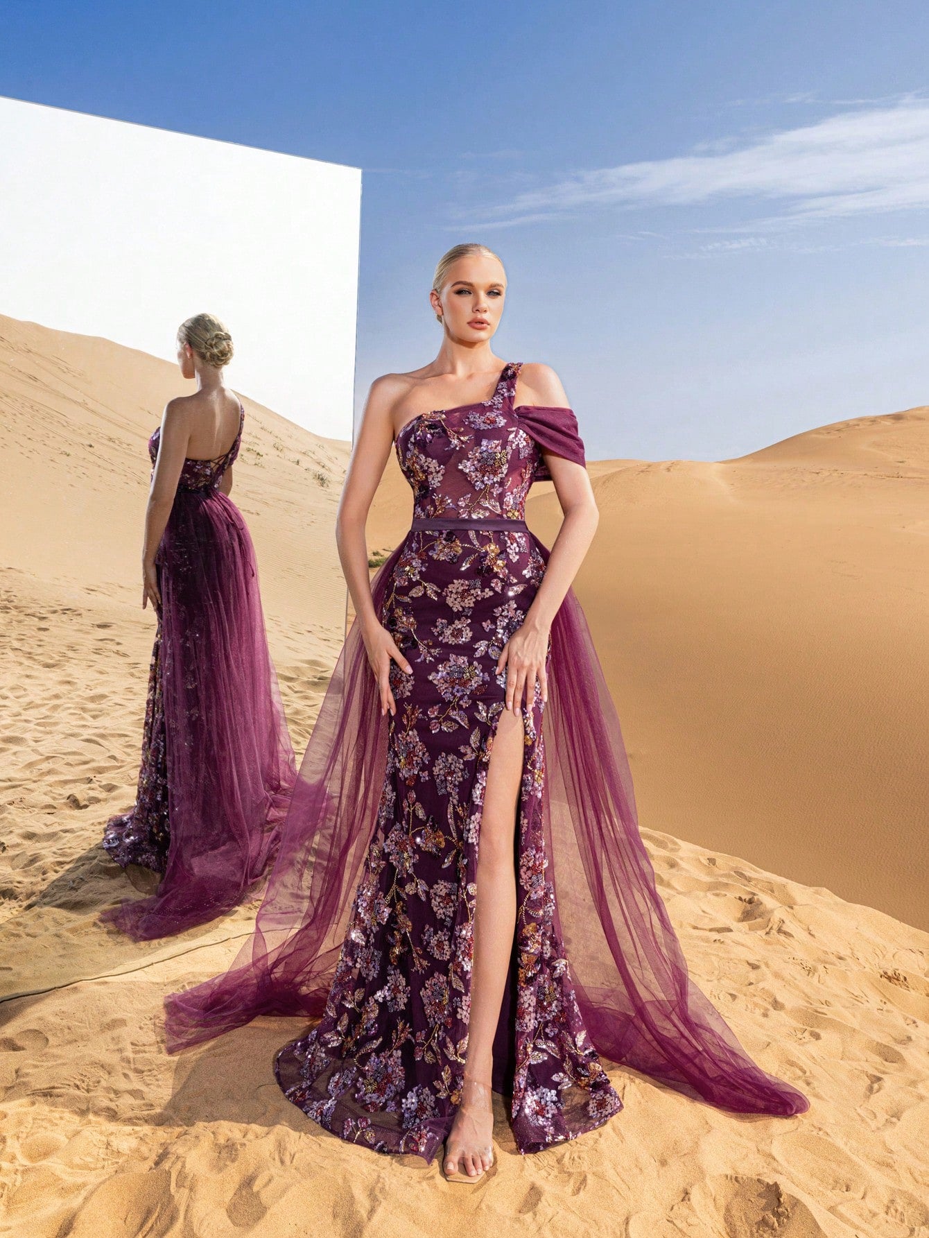 Gorgeous One Shoulder Mesh Overlay Mermaid Hem Floral Beaded Formal Dresses & Evening Gowns