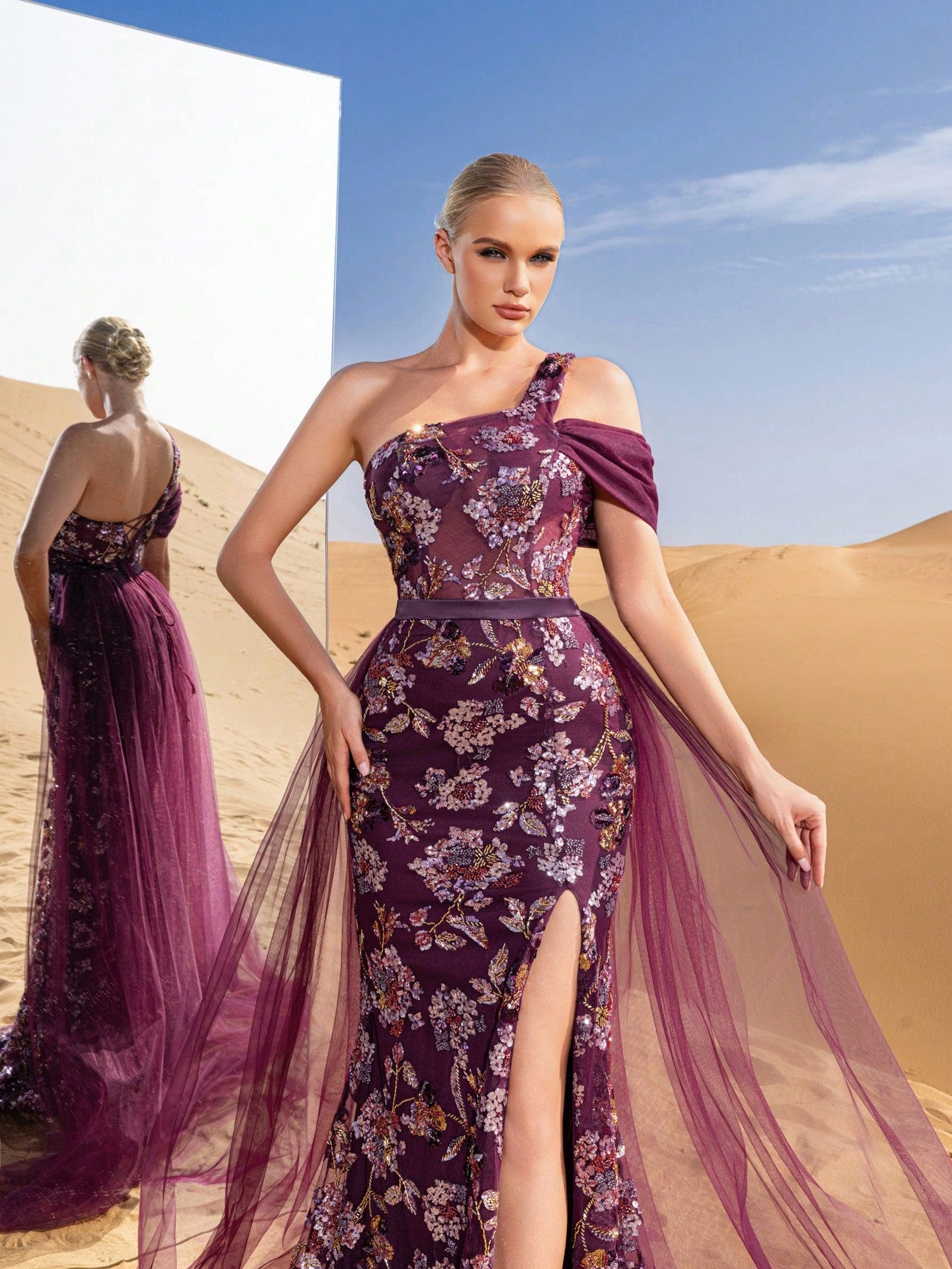 Gorgeous One Shoulder Mesh Overlay Mermaid Hem Floral Beaded Formal Dresses & Evening Gowns