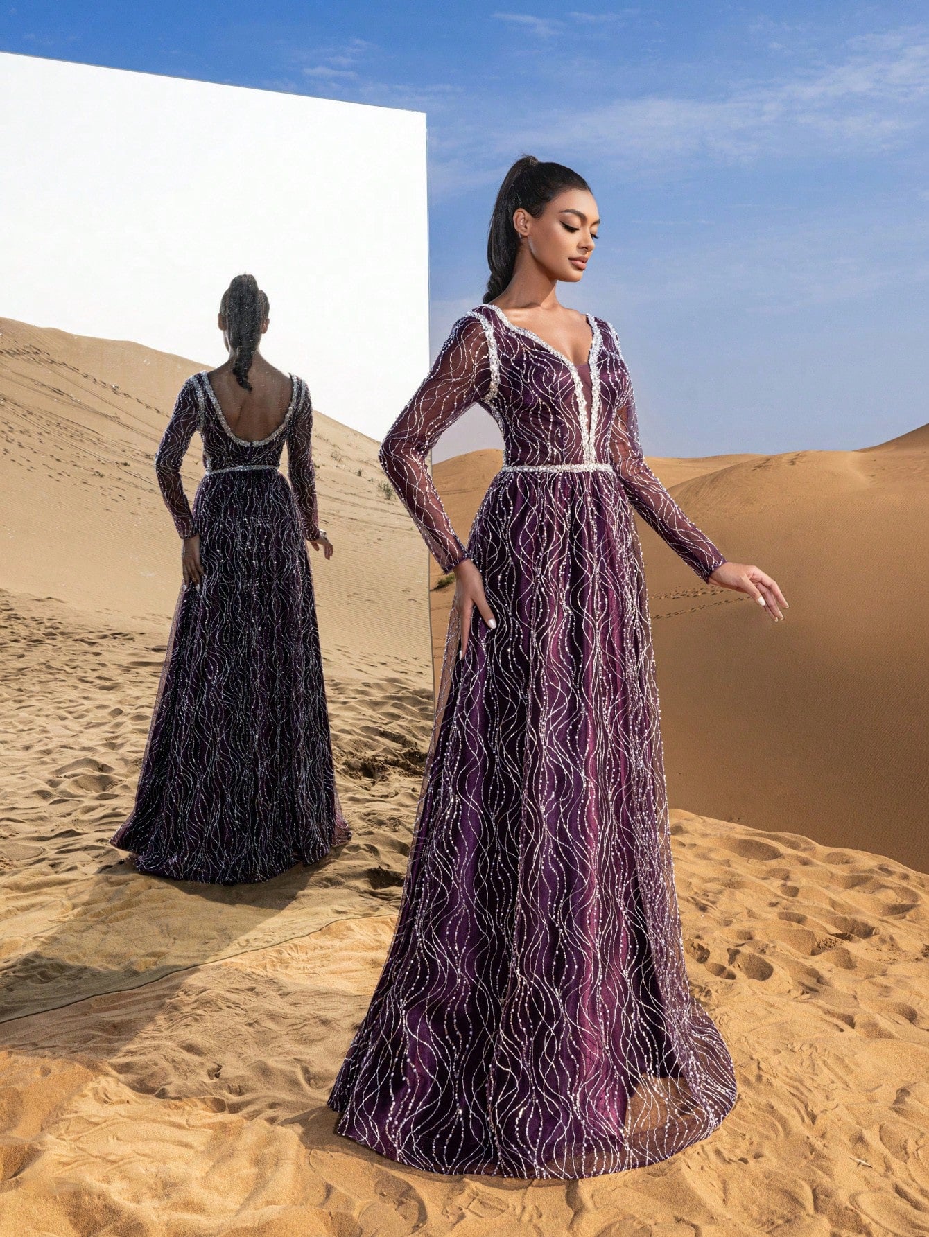 Gorgeous Plunging Neck Sheer Sleeves Backless Beaded Formal Dresses & Evening Gowns