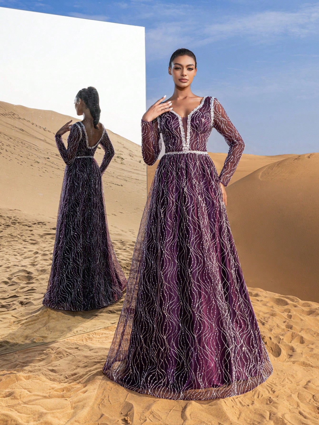 Gorgeous Plunging Neck Sheer Sleeves Backless Beaded Formal Dresses & Evening Gowns