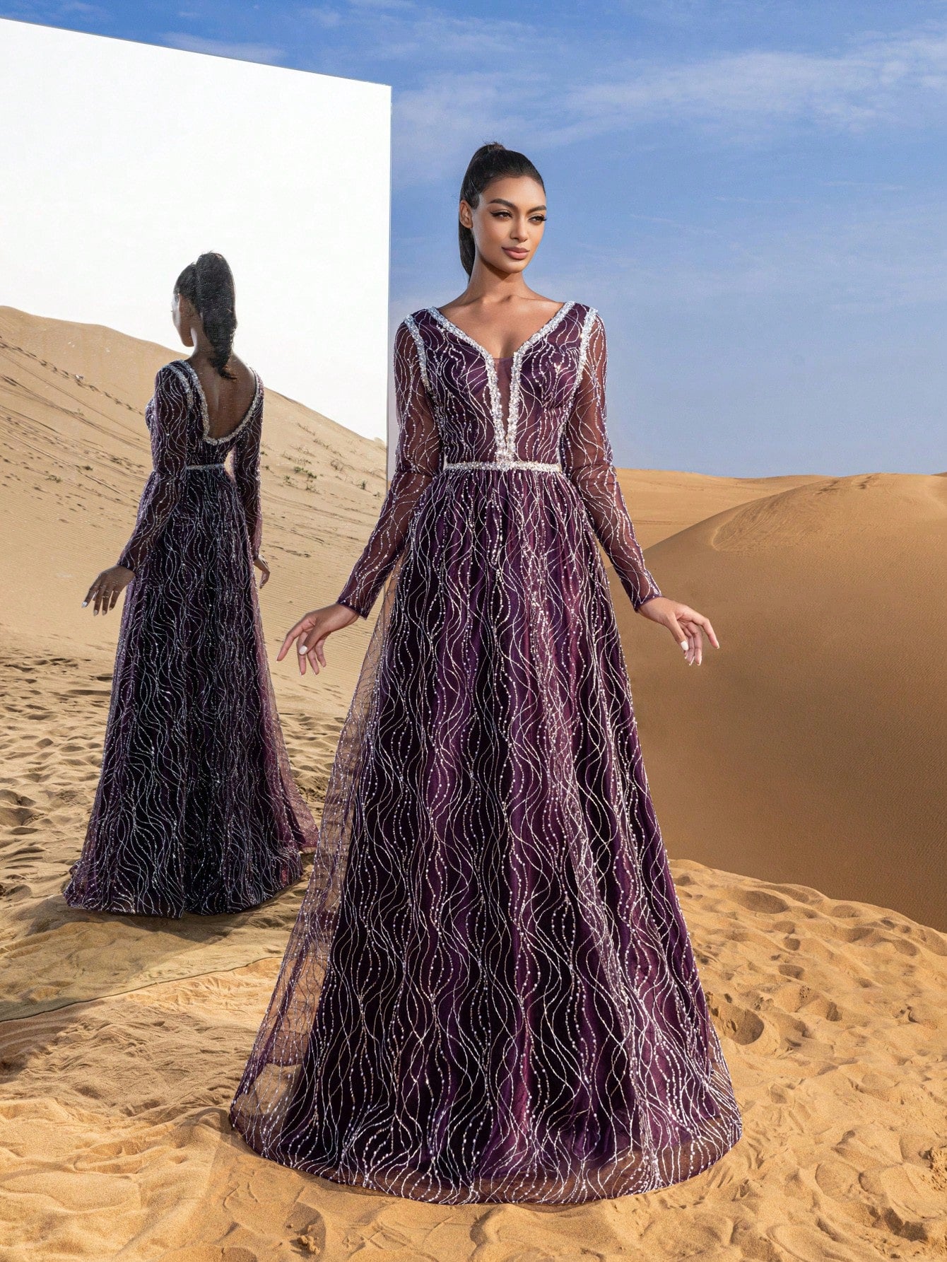 Gorgeous Plunging Neck Sheer Sleeves Backless Beaded Formal Dresses & Evening Gowns
