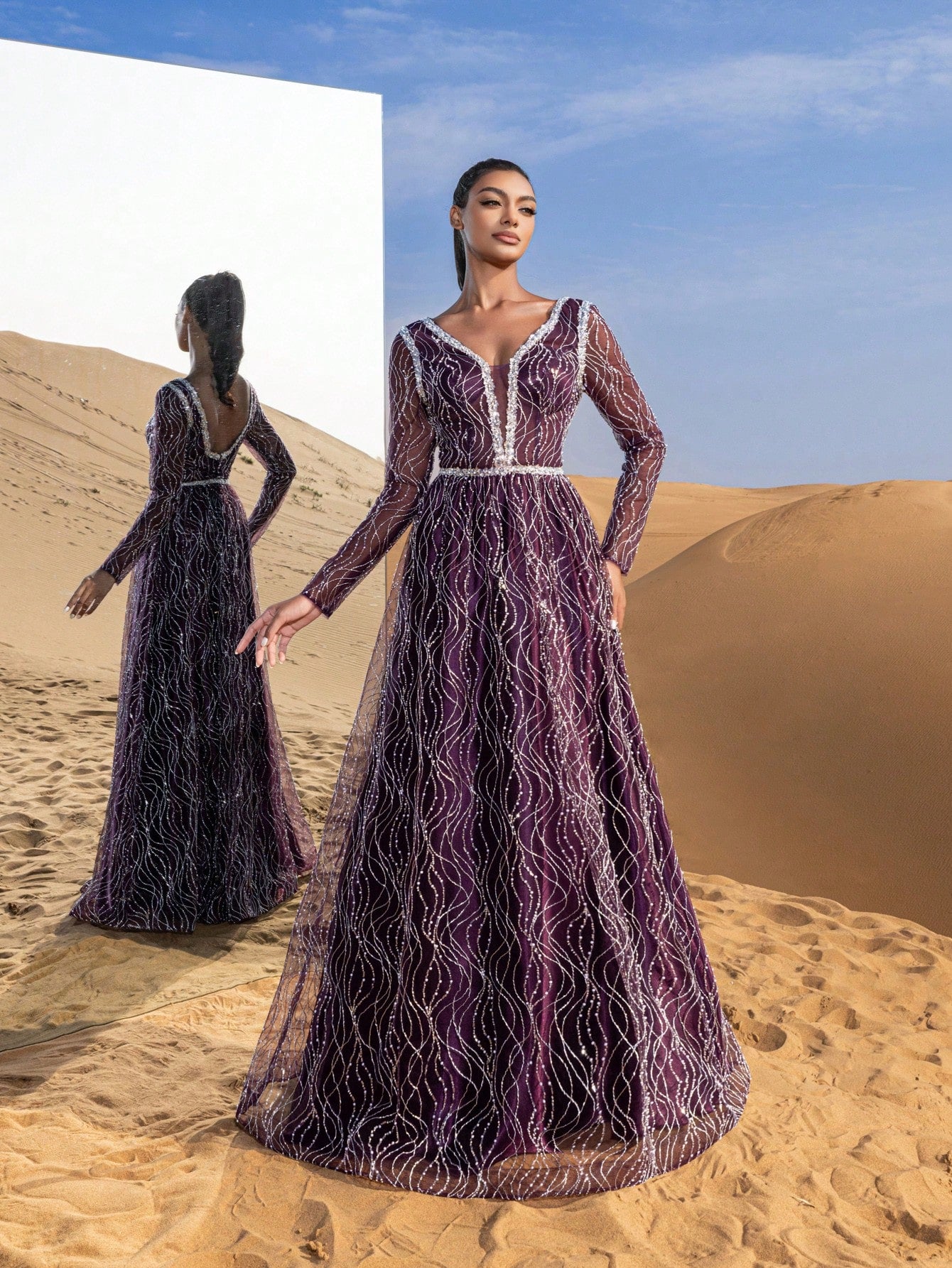 Gorgeous Plunging Neck Sheer Sleeves Backless Beaded Formal Dresses & Evening Gowns