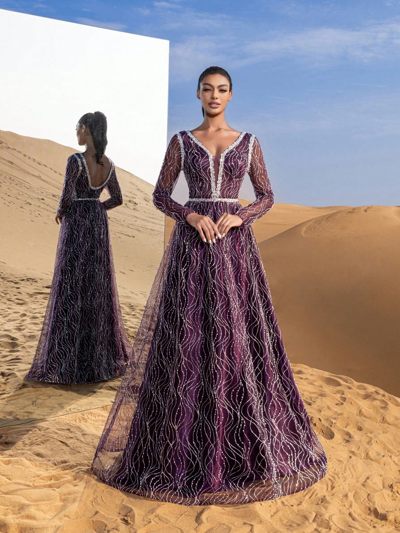 Gorgeous Plunging Neck Sheer Sleeves Backless Beaded Formal Dresses & Evening Gowns