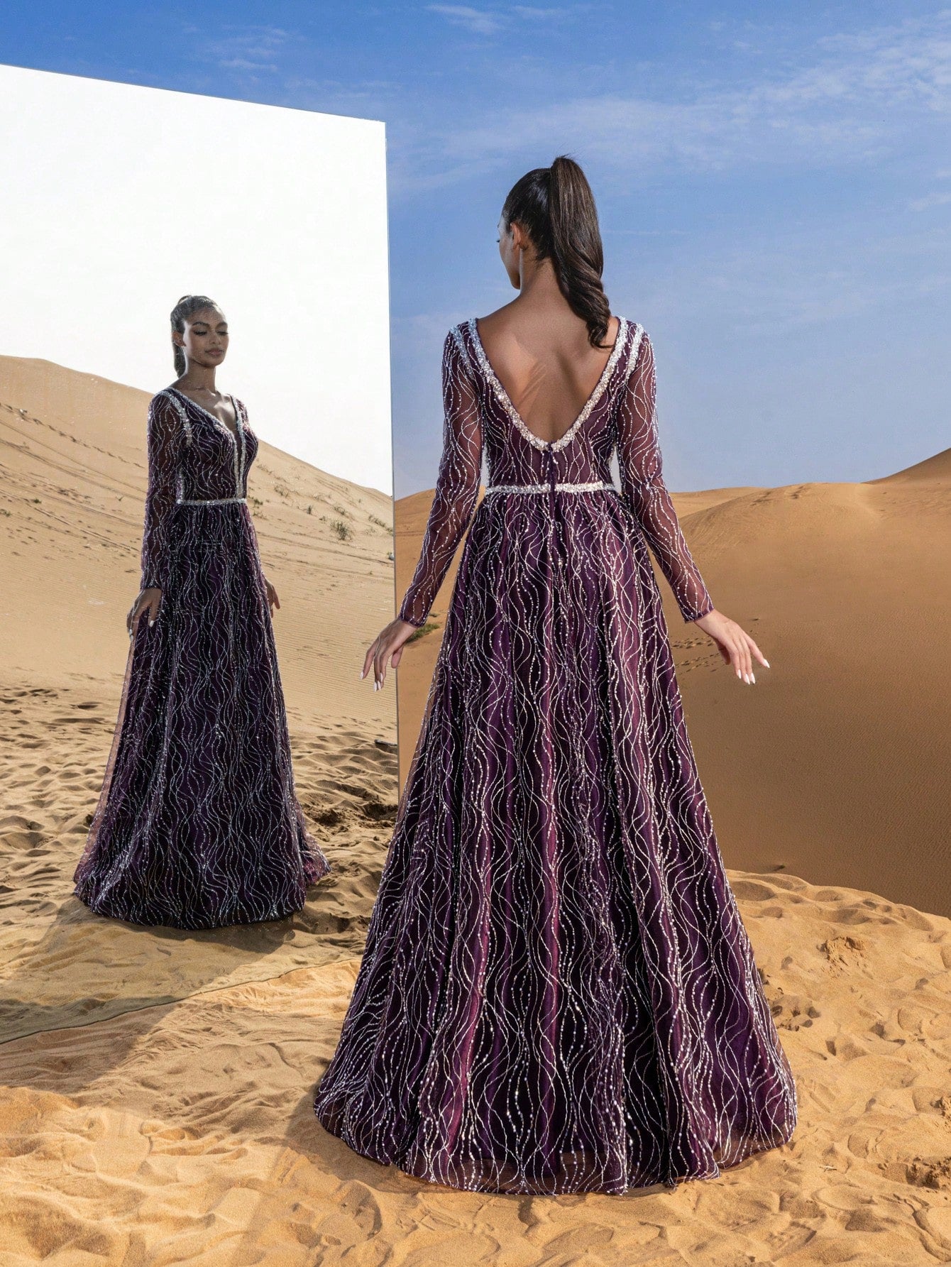 Gorgeous Plunging Neck Sheer Sleeves Backless Beaded Formal Dresses & Evening Gowns