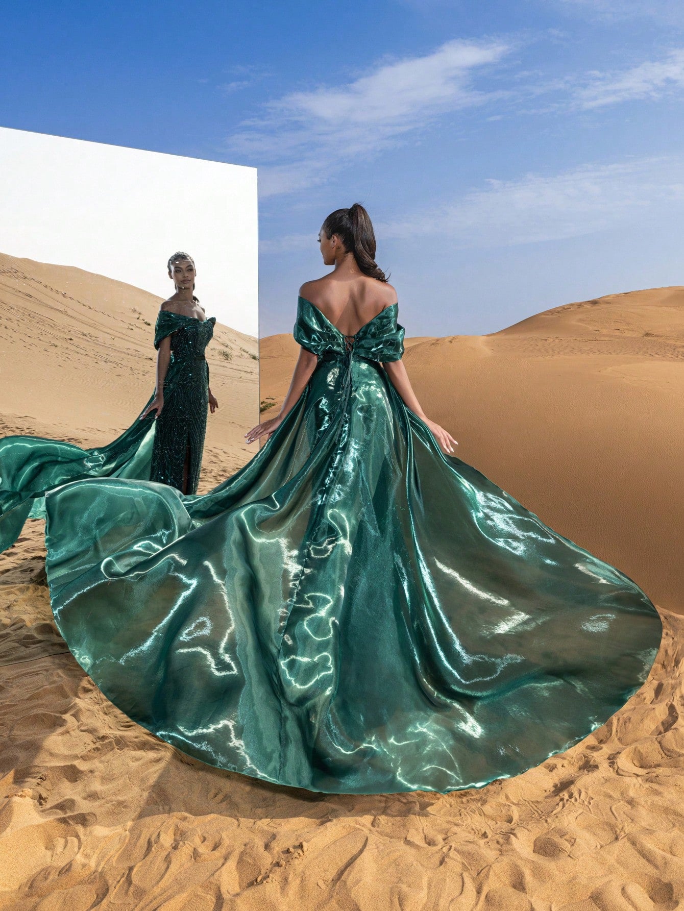 Gorgeous Off Shoulder Mermaid Hem Satin Train Beaded Formal Dresses & Evening Gowns