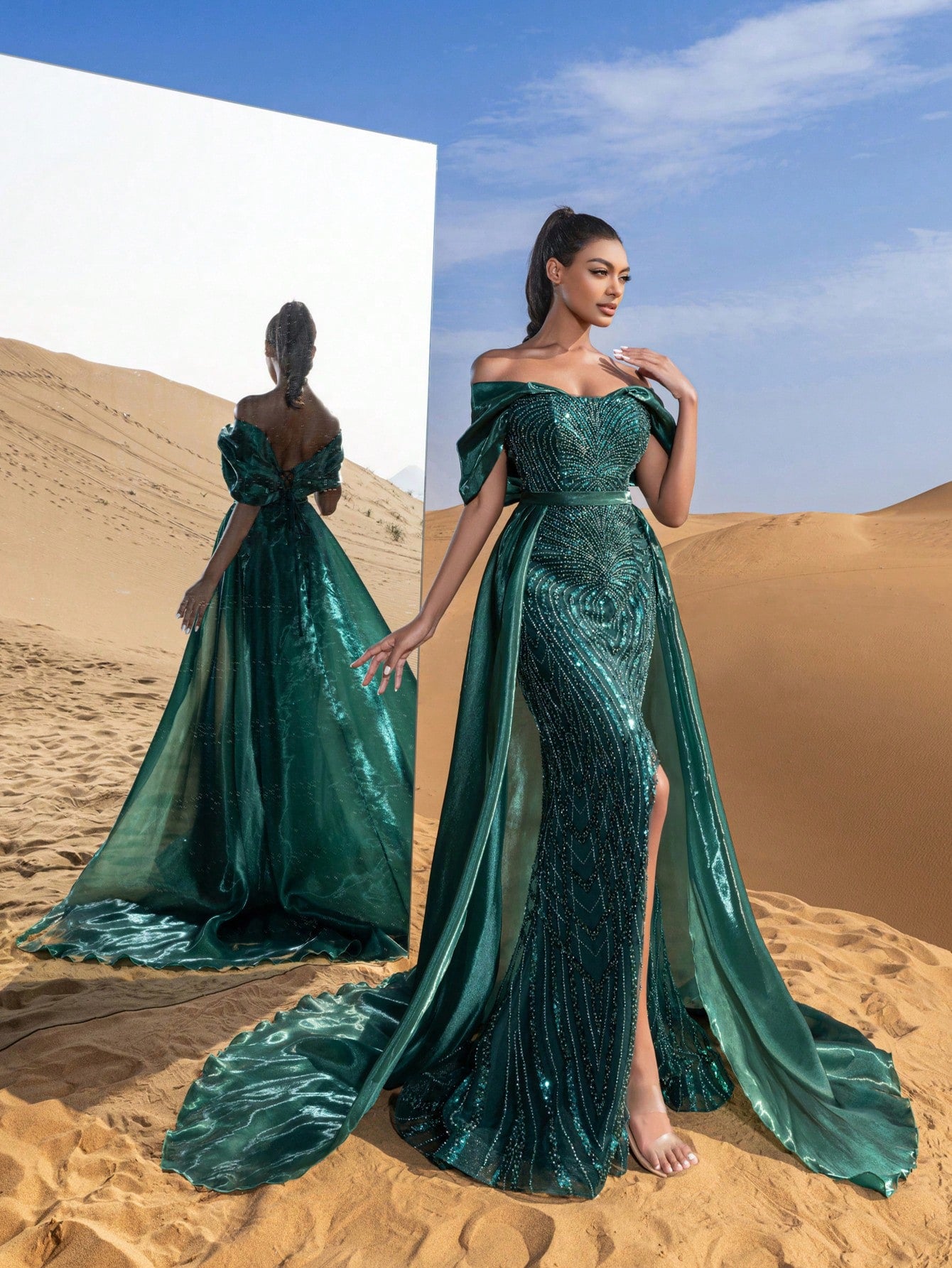 Gorgeous Off Shoulder Mermaid Hem Satin Train Beaded Formal Dresses & Evening Gowns