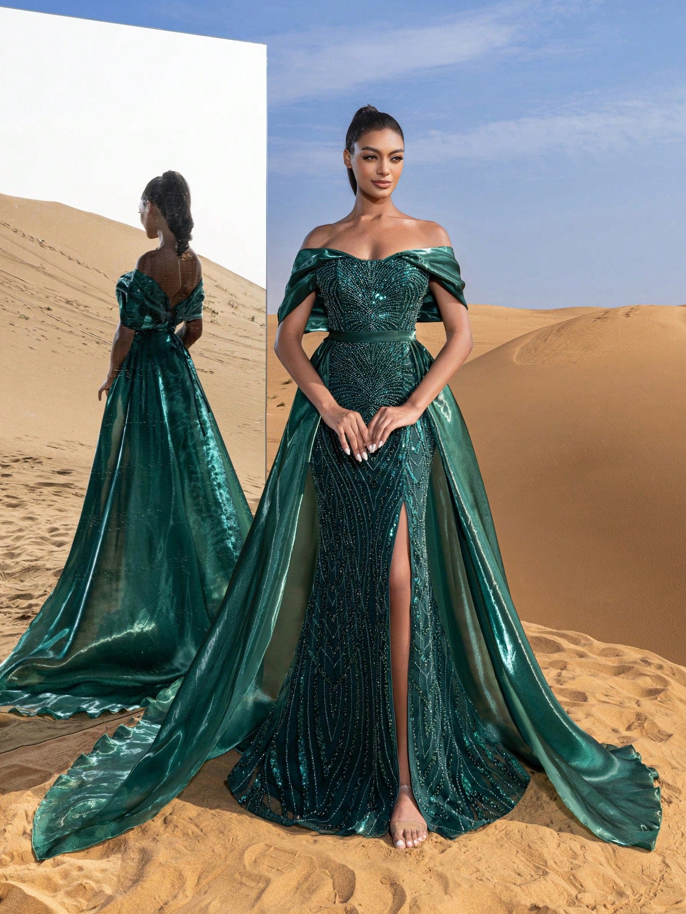 Gorgeous Off Shoulder Mermaid Hem Satin Train Beaded Formal Dresses & Evening Gowns