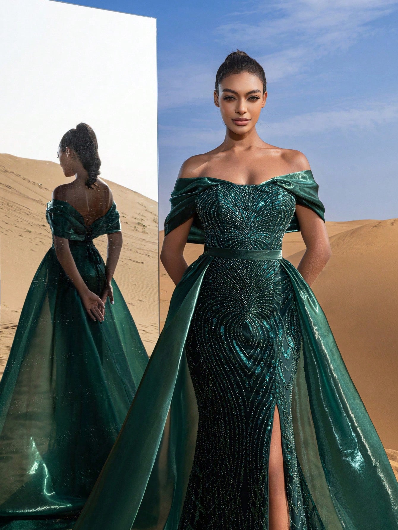 Gorgeous Off Shoulder Mermaid Hem Satin Train Beaded Formal Dresses & Evening Gowns