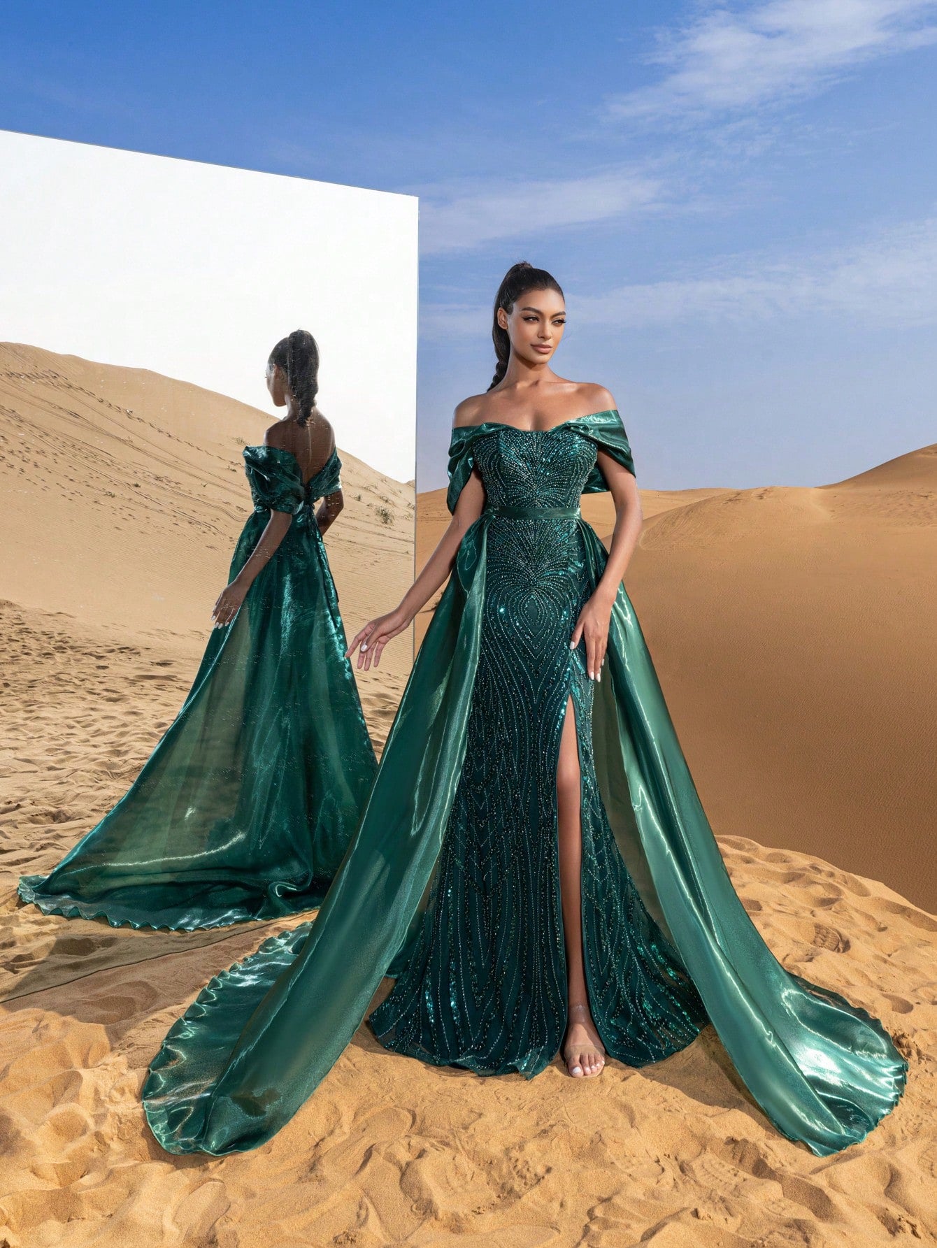 Gorgeous Off Shoulder Mermaid Hem Satin Train Beaded Formal Dresses & Evening Gowns