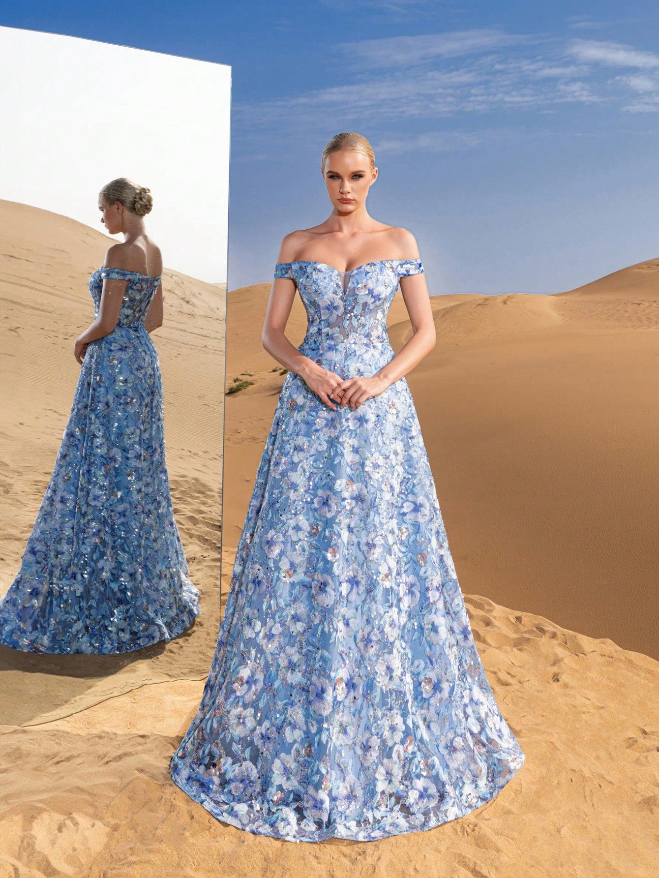 Luxury Off Shoulder Lace-up Back Floral Embroidered Beaded Formal Prom Dresses & Evening Gowns