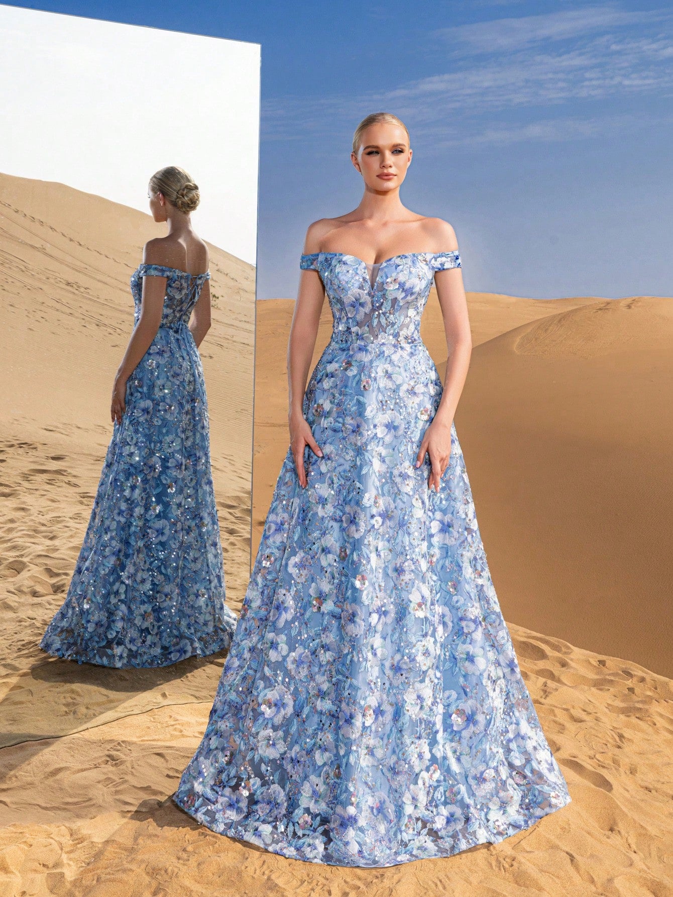 Luxury Off Shoulder Lace-up Back Floral Embroidered Beaded Formal Prom Dresses & Evening Gowns