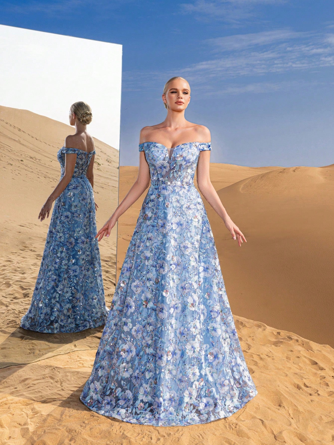 Luxury Off Shoulder Lace-up Back Floral Embroidered Beaded Formal Prom Dresses & Evening Gowns