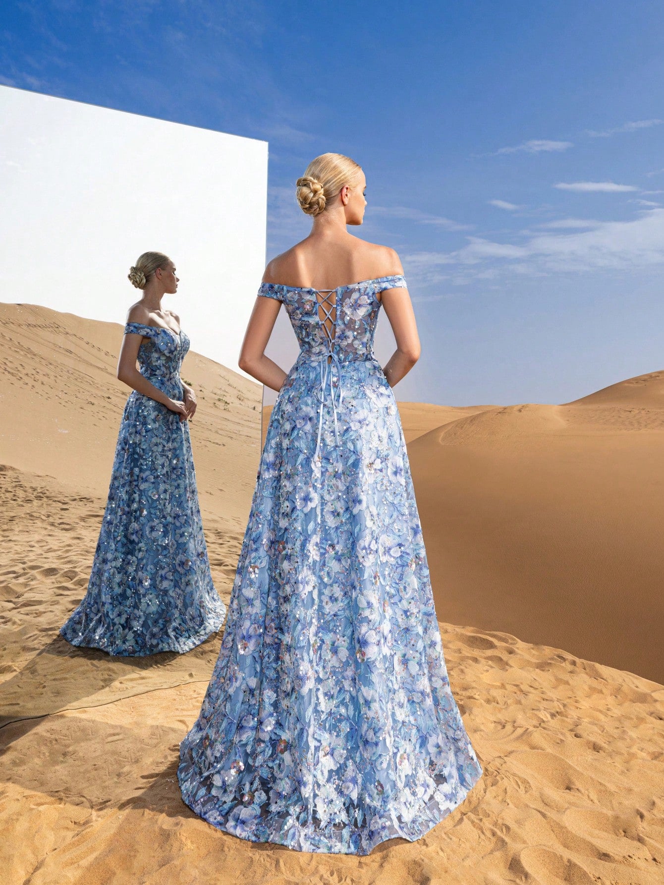 Luxury Off Shoulder Lace-up Back Floral Embroidered Beaded Formal Prom Dresses & Evening Gowns