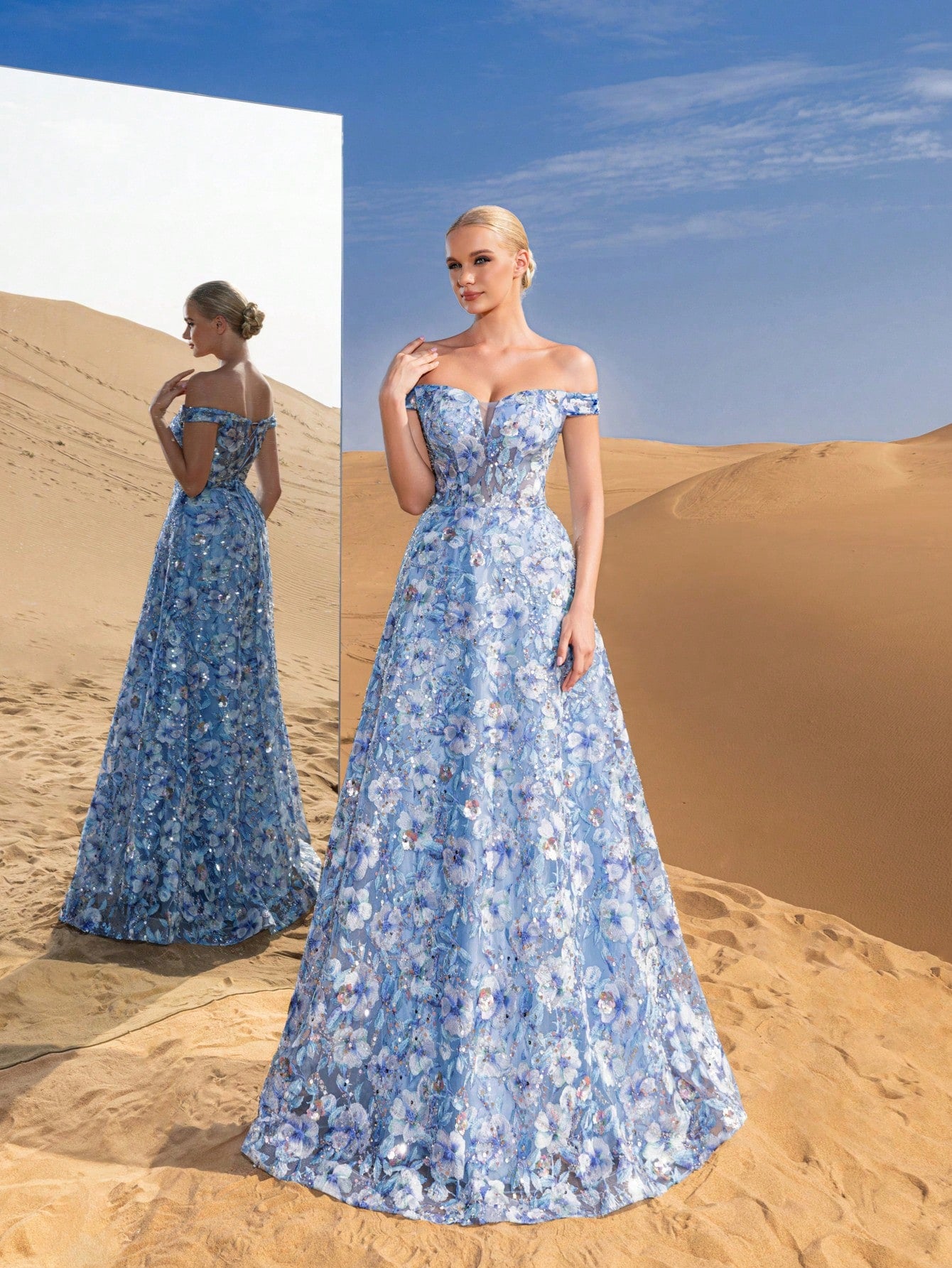 Luxury Off Shoulder Lace-up Back Floral Embroidered Beaded Formal Prom Dresses & Evening Gowns