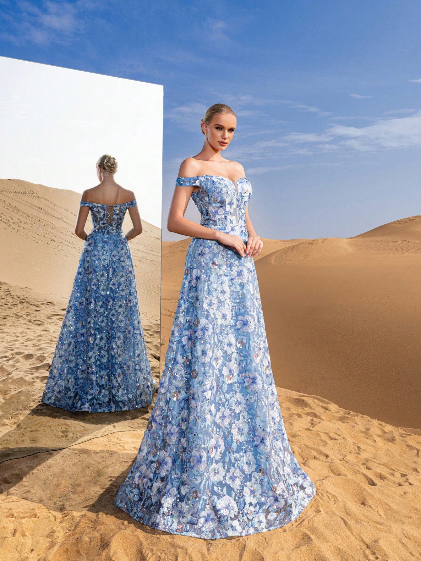 Luxury Off Shoulder Lace-up Back Floral Embroidered Beaded Formal Prom Dresses & Evening Gowns