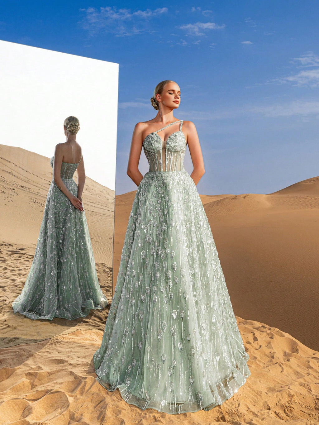 Gorgeous One Shoulder Sheer Corset Bodice Beaded Formal Dresses & Evening Gowns