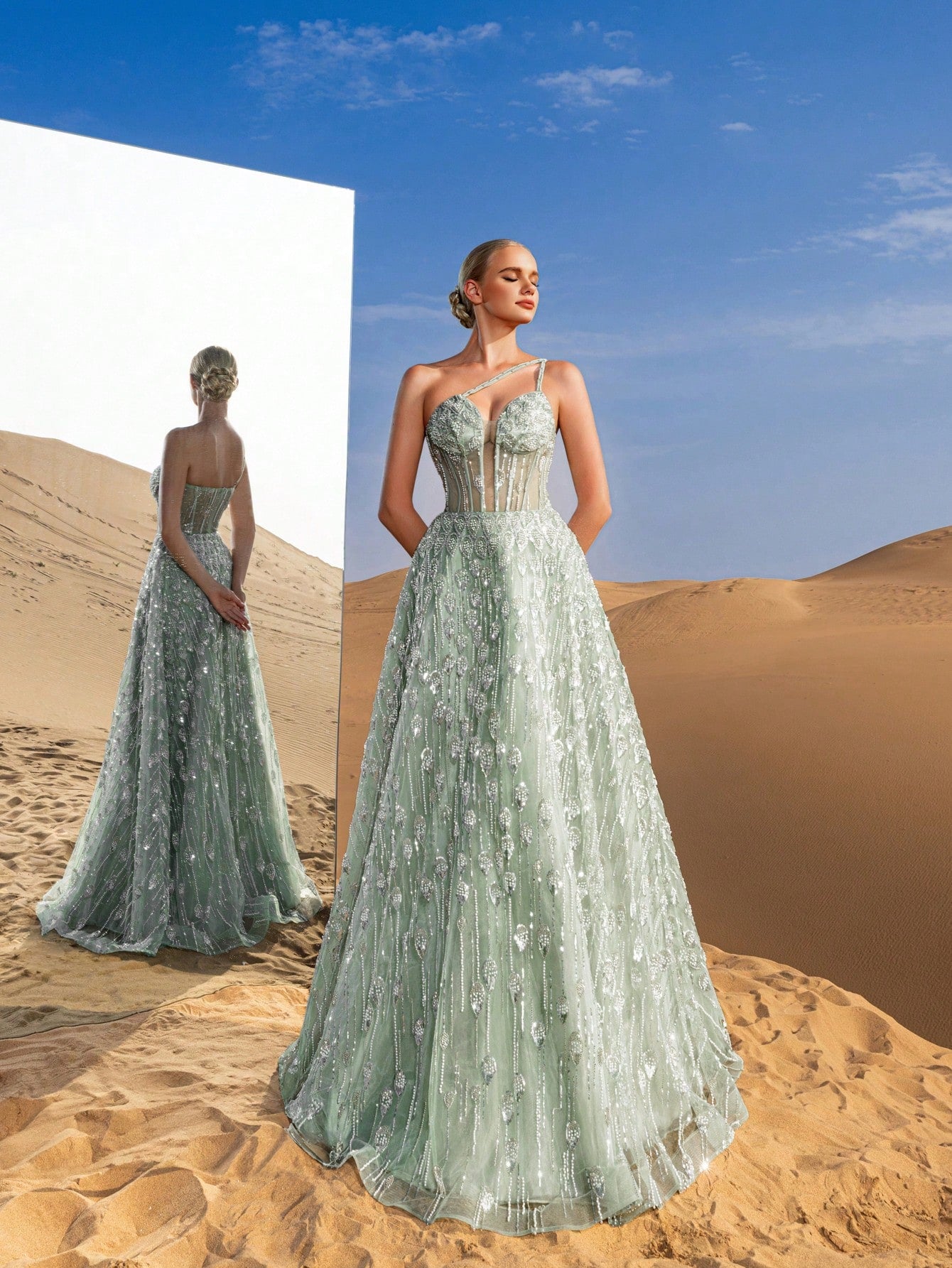 Gorgeous One Shoulder Sheer Corset Bodice Beaded Formal Dresses & Evening Gowns